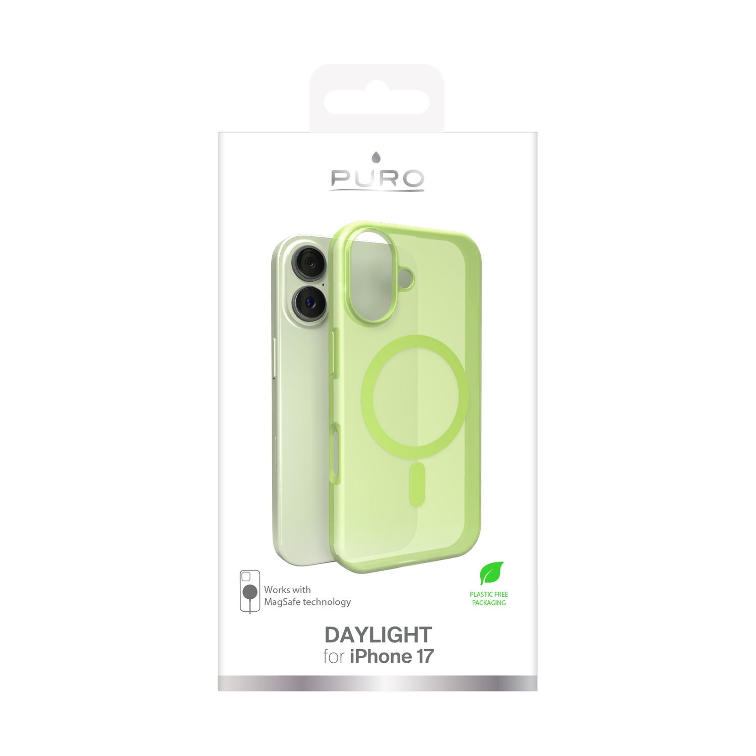 Una custodia per telefono in una scatola. È verde lime e mostra un iPhone con la custodia. La scatola dice 'DAYLIGHT for iPhone 17'.