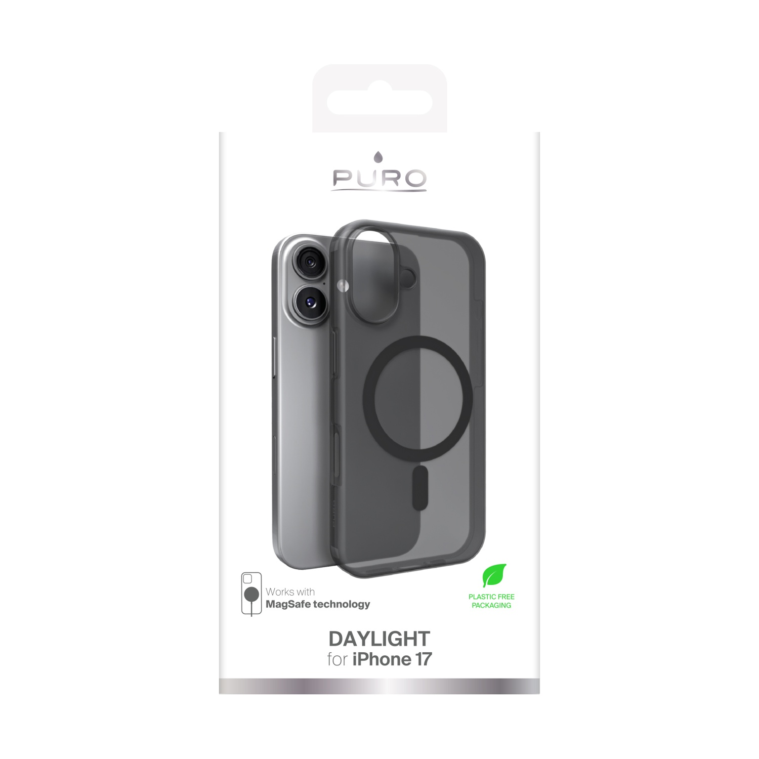 Una custodia per iPhone 17 in una confezione. La custodia è grigia trasparente con un cerchio sul retro. Imballaggio senza plastica.