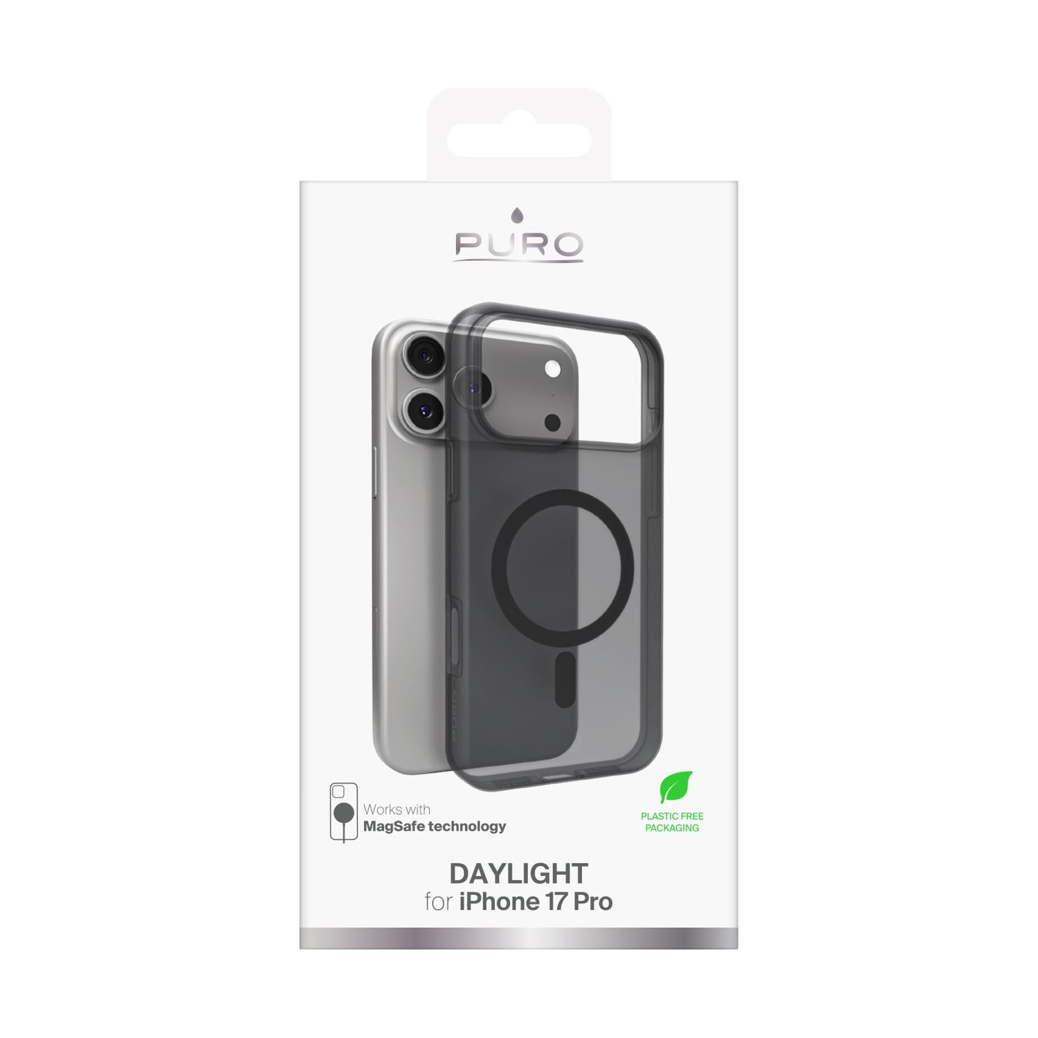 Una custodia per iPhone 17 Pro, in una scatola. La custodia è grigia trasparente con un anello nero. La scatola è bianca con testo e una foglia.