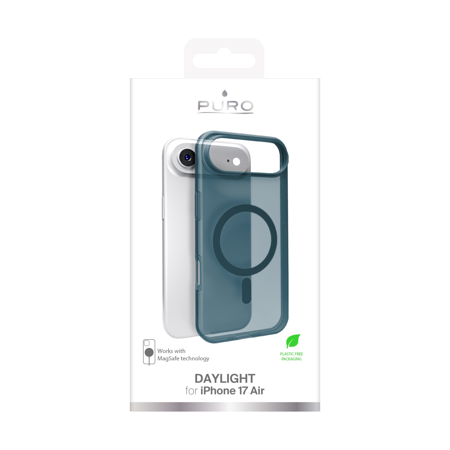 L'immagine mostra una scatola di custodia per telefono. La custodia è blu e il telefono all'interno è bianco. Il testo sulla scatola dice 'Daylight for iPhone 17 Air'.