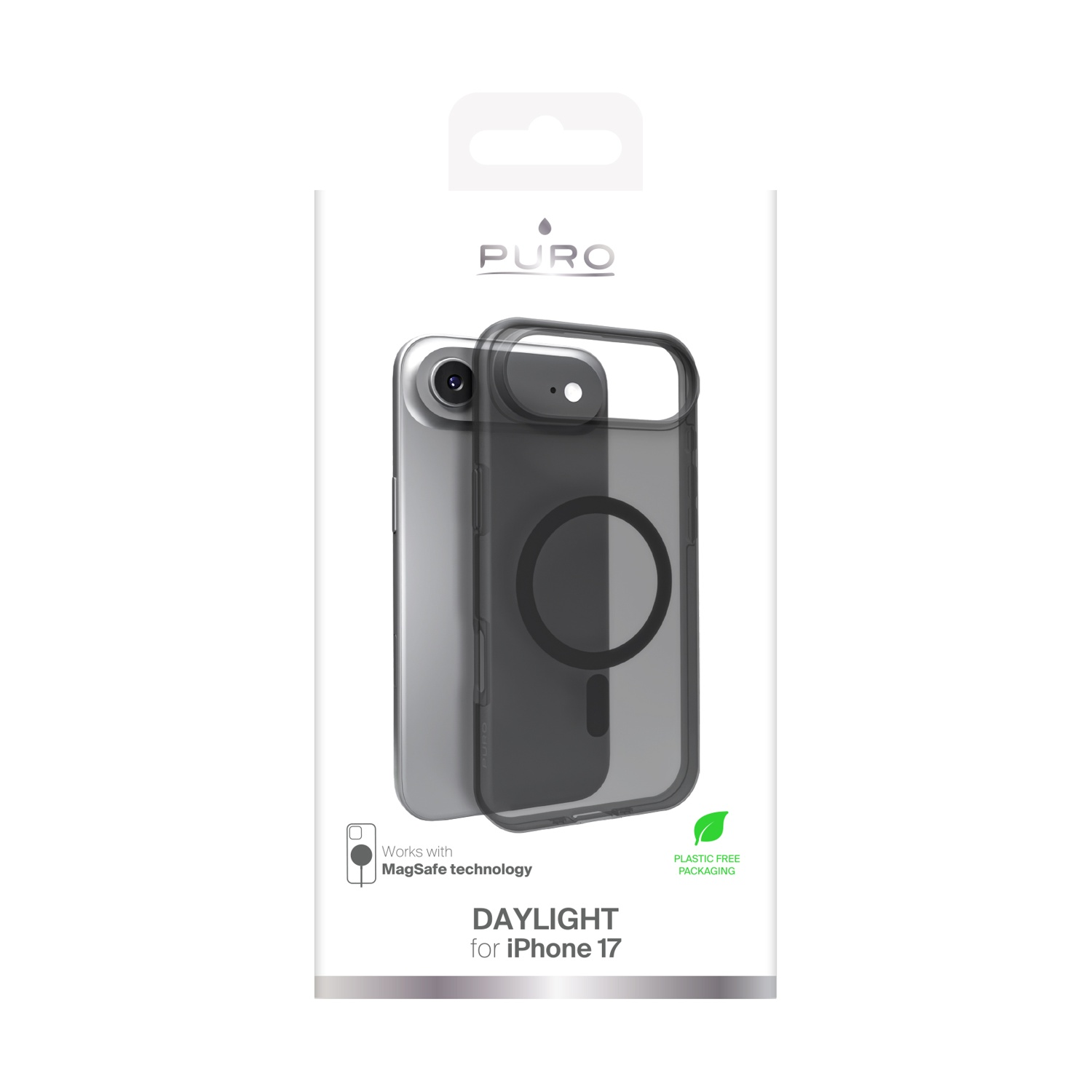Una custodia per iPhone 17 in una confezione senza plastica. La custodia è nera e trasparente, con un cerchio sul retro.