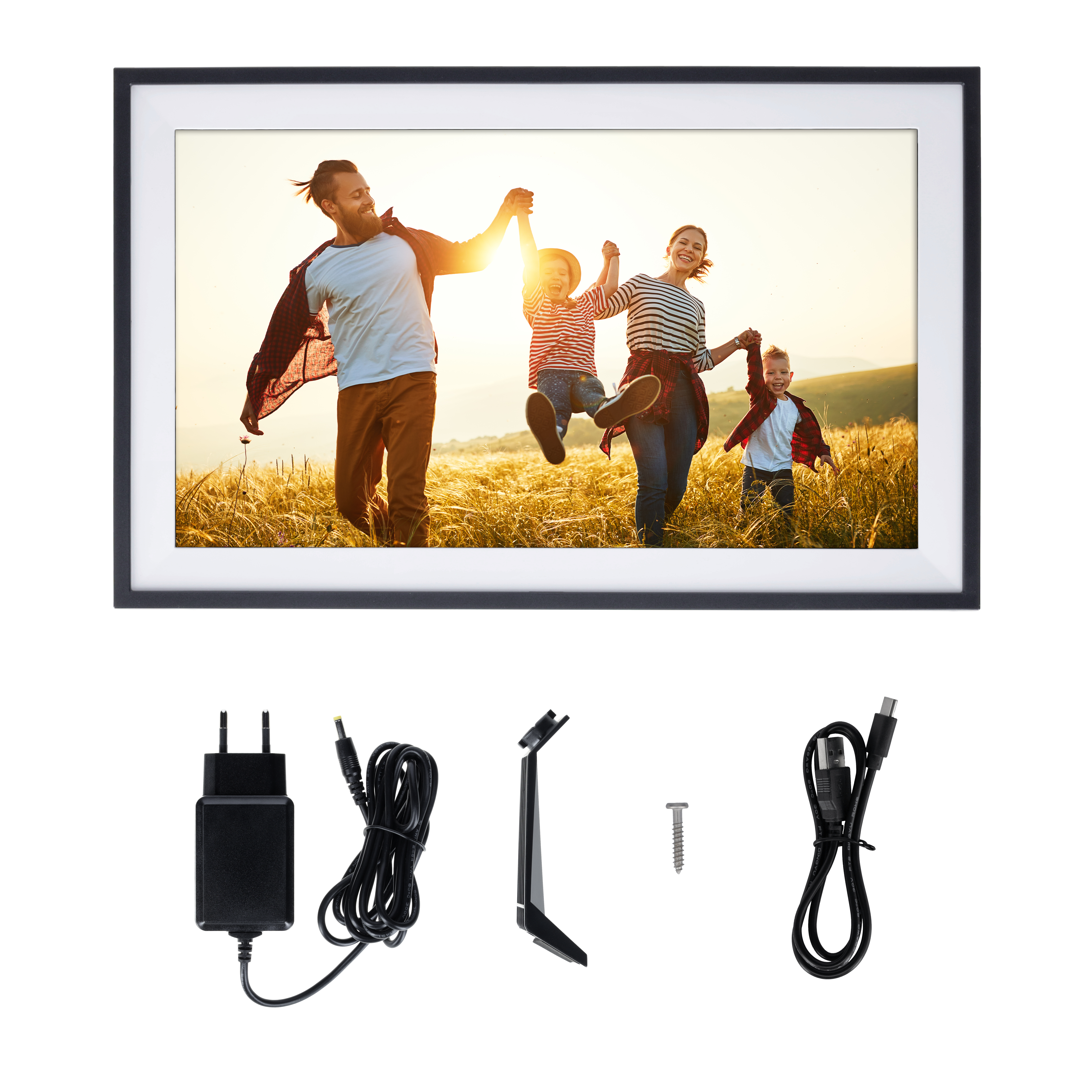 Ein gerahmtes Bild zeigt eine Familie, die durch ein Feld rennt. Darunter befinden sich Netzteile und Zubehör, alles auf weißem Hintergrund.