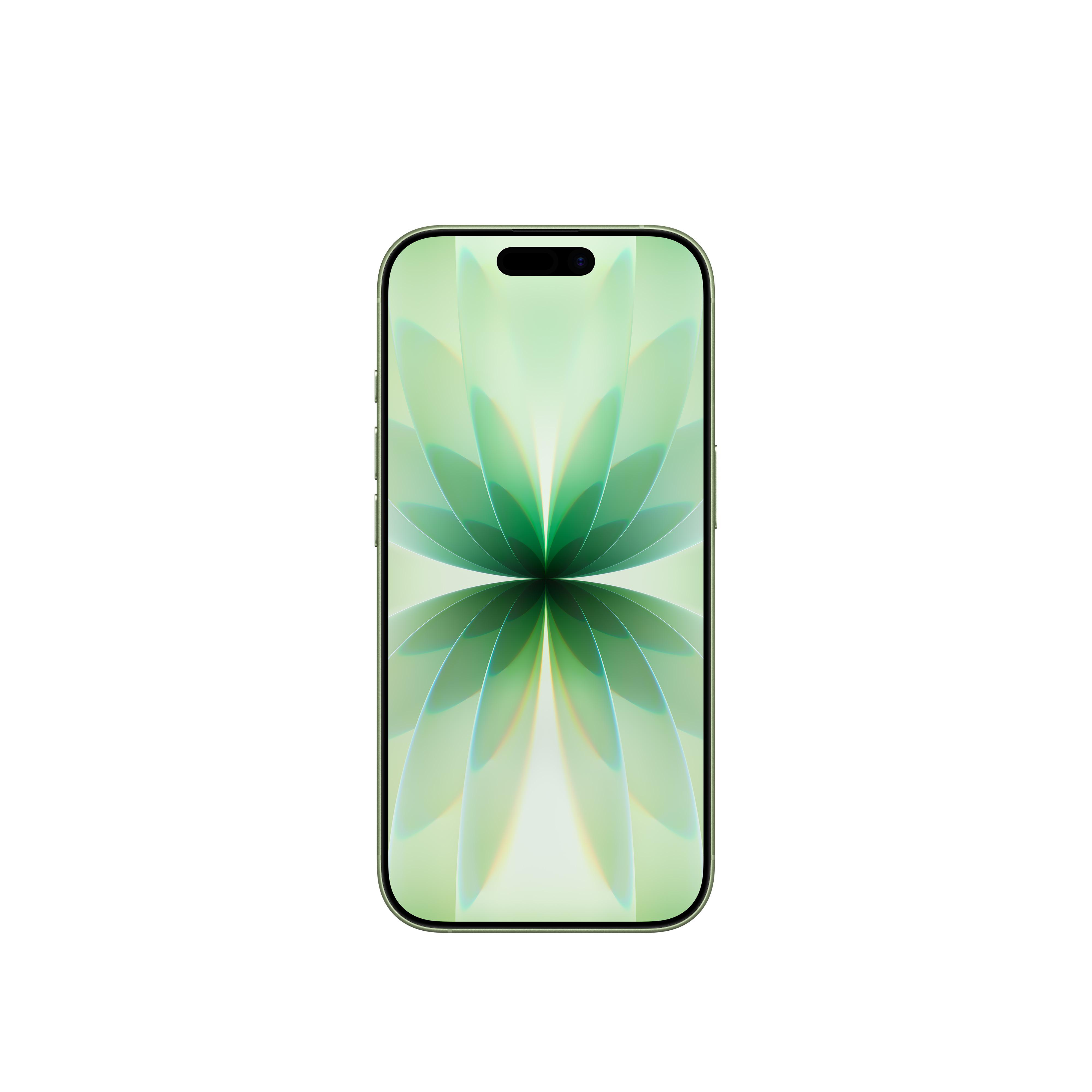 Ein Smartphone mit grünem Rahmen und einem grünen, abstrakten Blumenmuster auf dem Bildschirm, isoliert auf weißem Hintergrund.