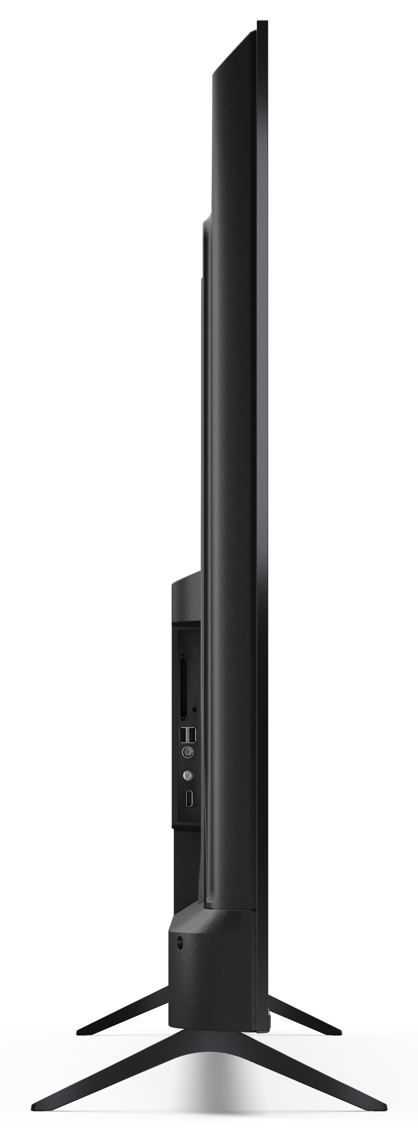 Widok z boku czarnego telewizora. Ma podstawę, porty i elegancki design. Tło jest białe.