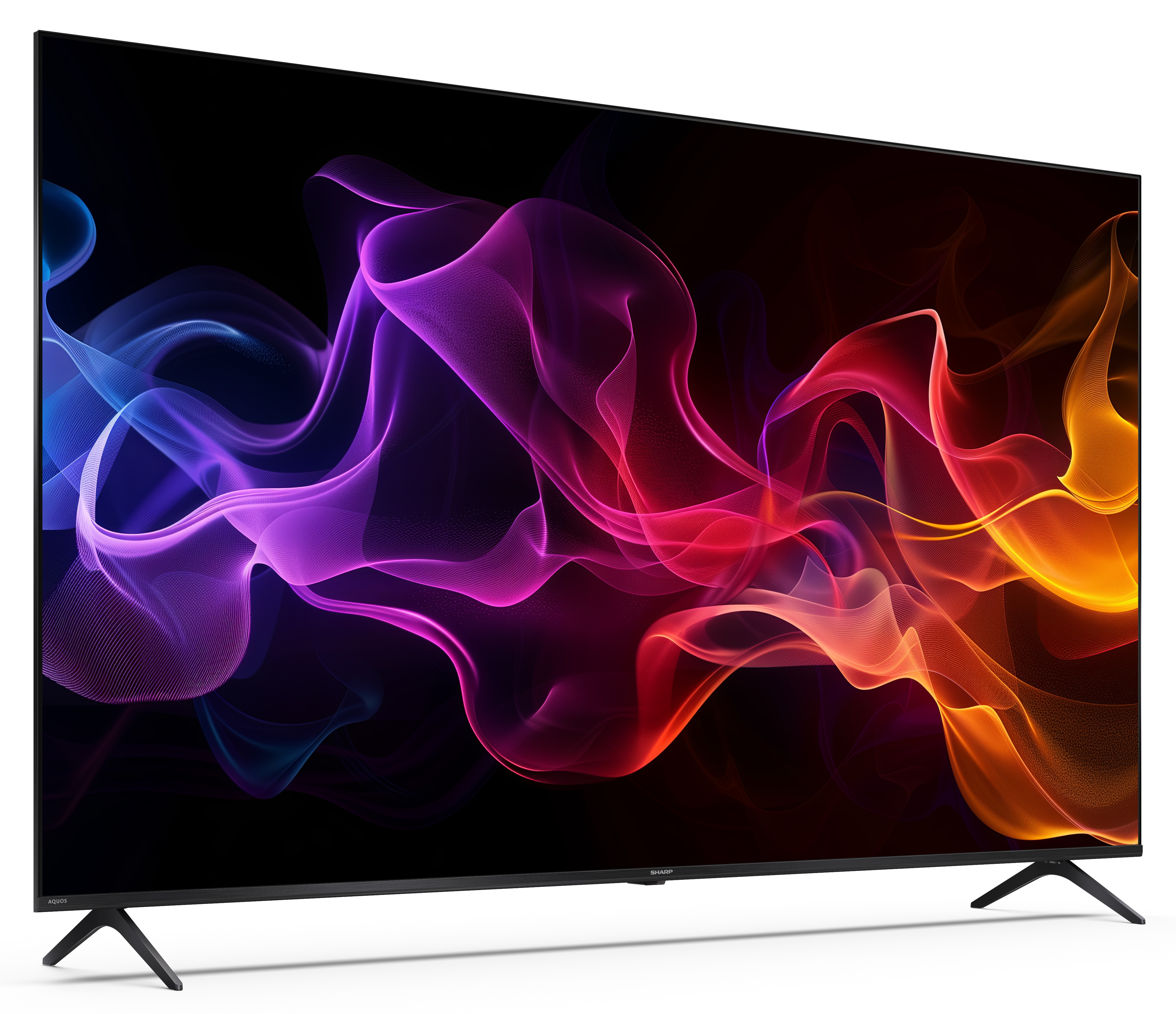 Duży telewizor Sharp wyświetla kolorowe, abstrakcyjne wzory przypominające dym. Ma czarne nogi i czarną ramę.