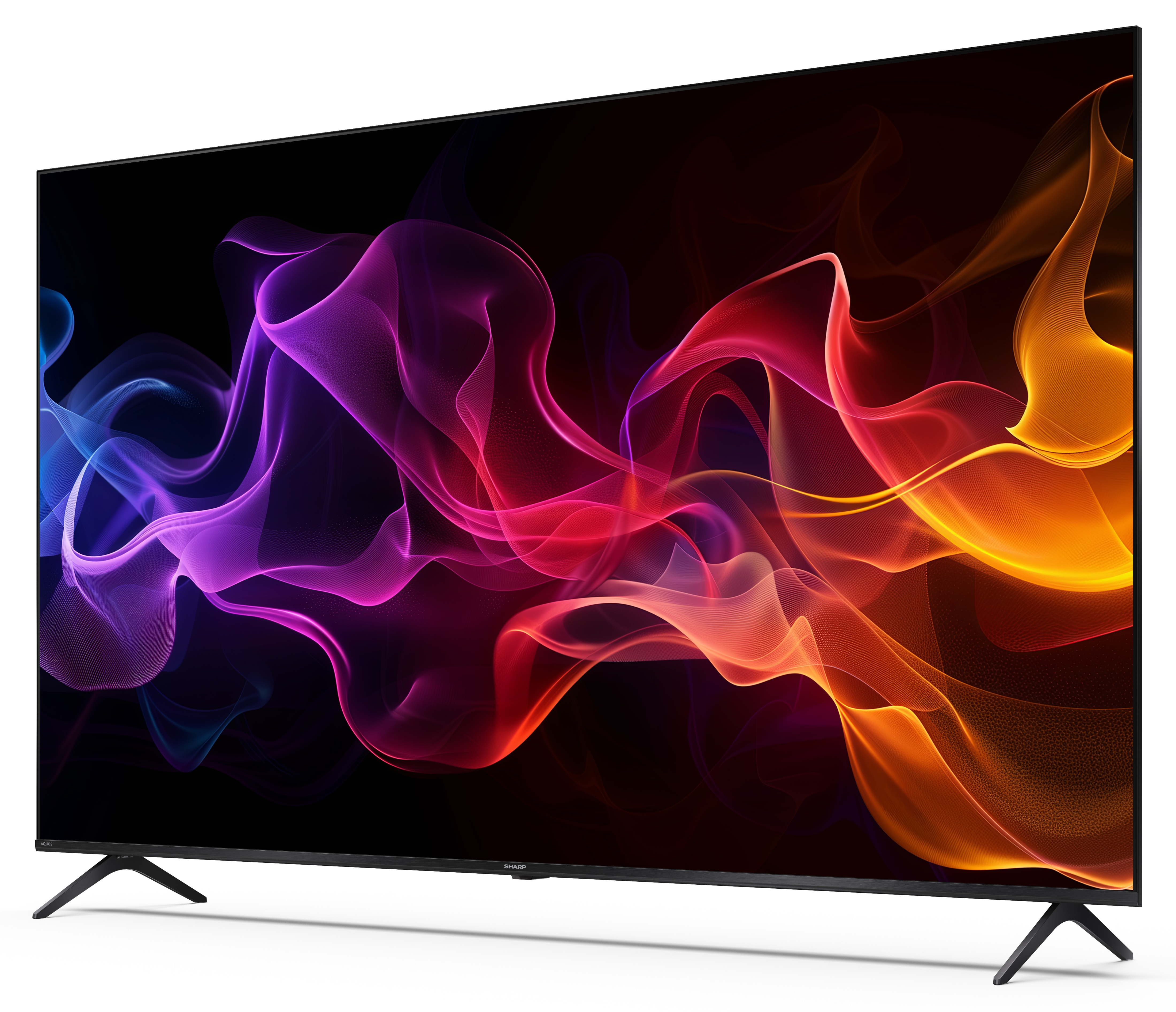 Telewizor z płaskim ekranem wyświetla kolorowe, abstrakcyjne fale. Telewizor jest czarny, z czarnymi nogami. Tło jest białe.