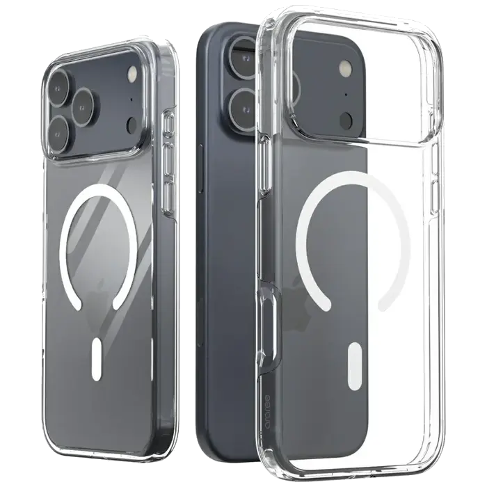 Trzy smartfony z przezroczystymi etui ochronnymi. Każdy ma białe kółko MagSafe i mały prostokąt na dole.