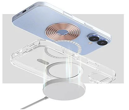 Jasnoniebieski telefon z miedzianą cewką na plecach znajduje się nad przezroczystym etui i białą podstawą ładującą.