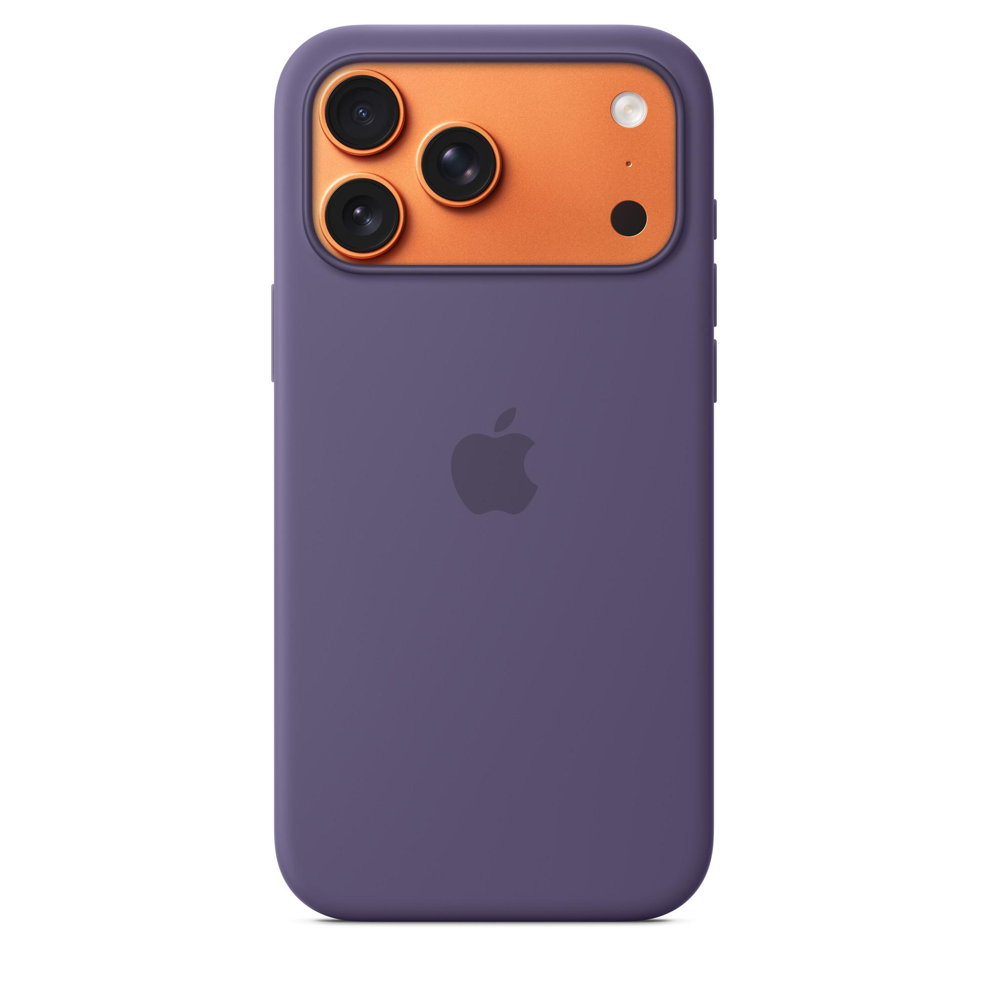 Lila Handyhülle mit orangefarbener Kamerahalterung. Apple-Logo auf der Rückseite. Drei Kameralinsen sind sichtbar.