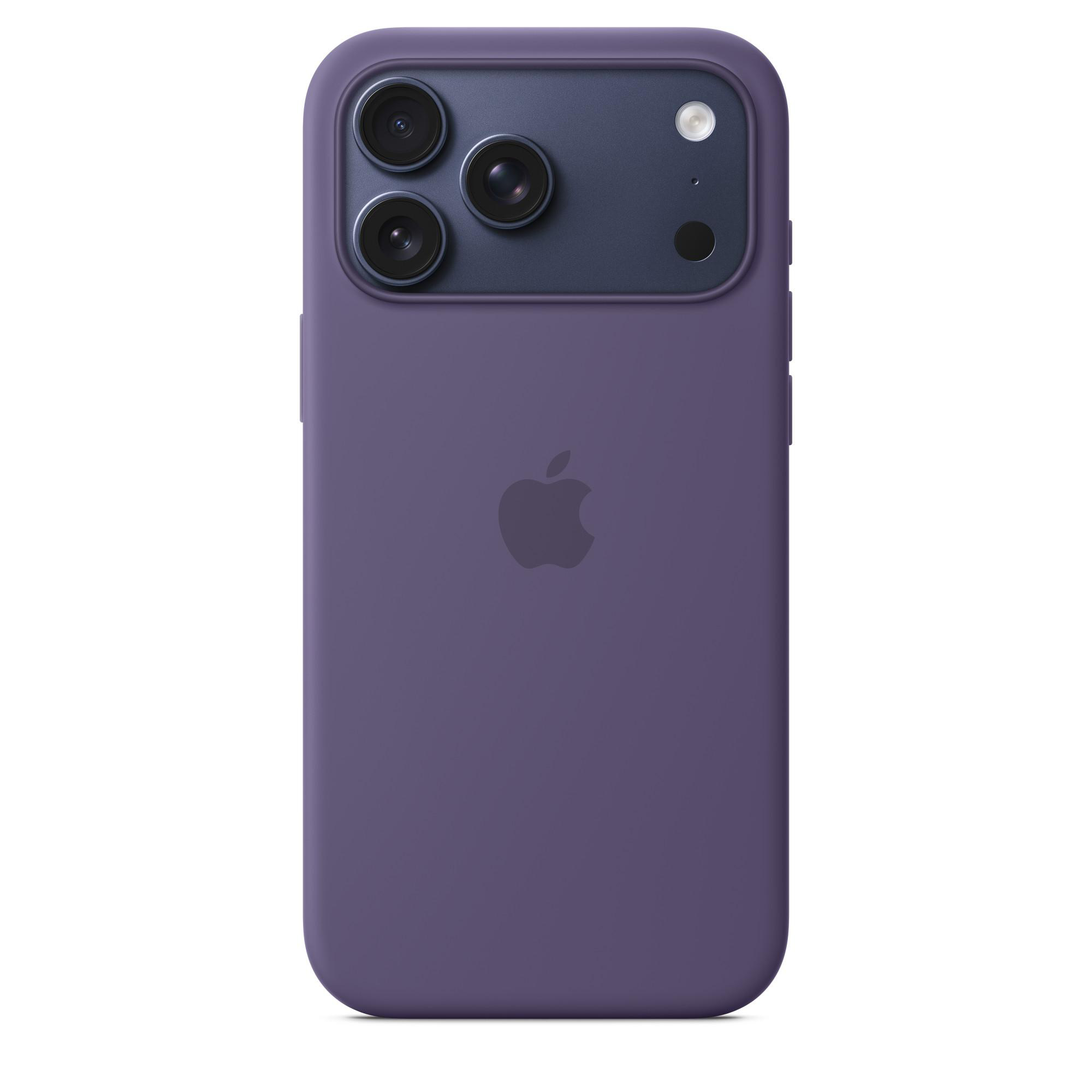Lila Handyhülle mit Kameralinsen und Apple-Logo. Der Hintergrund ist weiß.