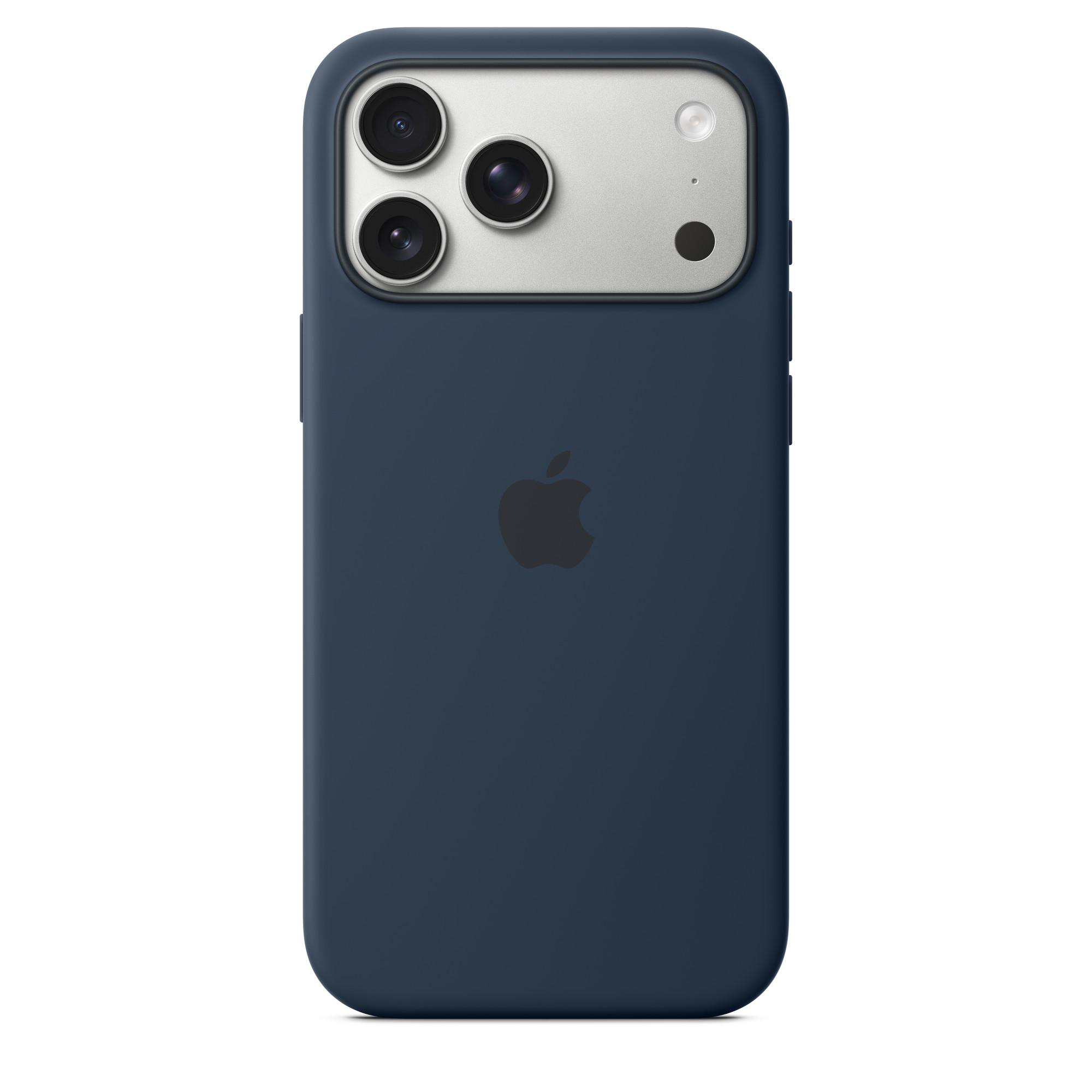 Eine marineblaue iPhone-Hülle mit drei Kameralinsen und Apple-Logo. Der Hintergrund ist weiß.
