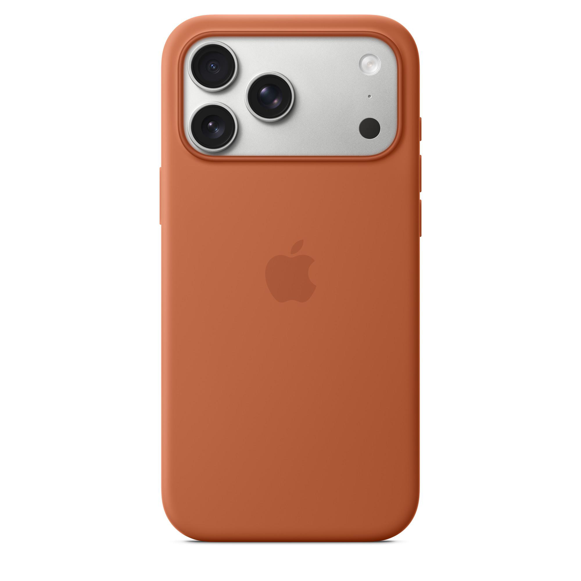 Rückseite einer orangefarbenen iPhone-Hülle. Drei Objektive oben links, Apple-Logo in der Mitte und ein hellgrauer Deckel.