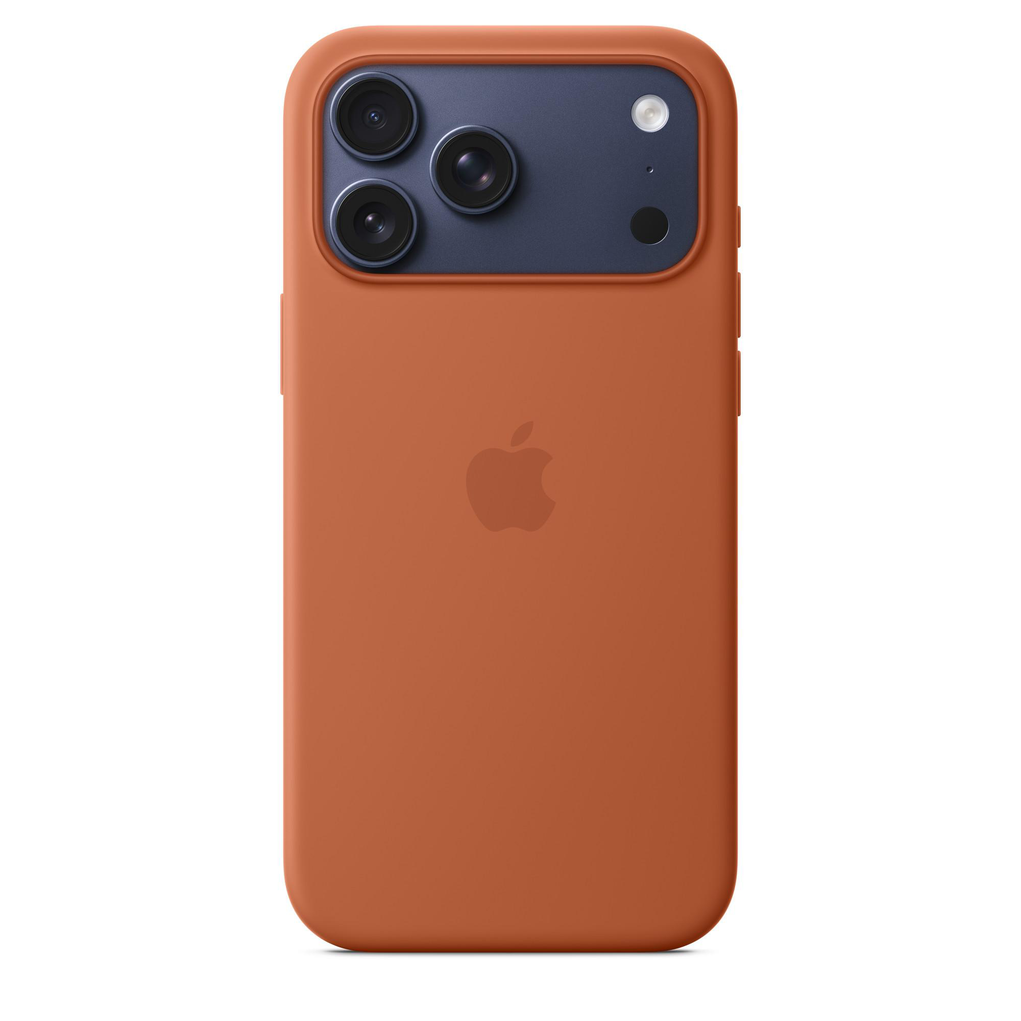 Eine orangefarbene Handyhülle mit einem dunkelblauen Kamerabereich. Drei Kameralinsen und ein Apple-Logo sind sichtbar.