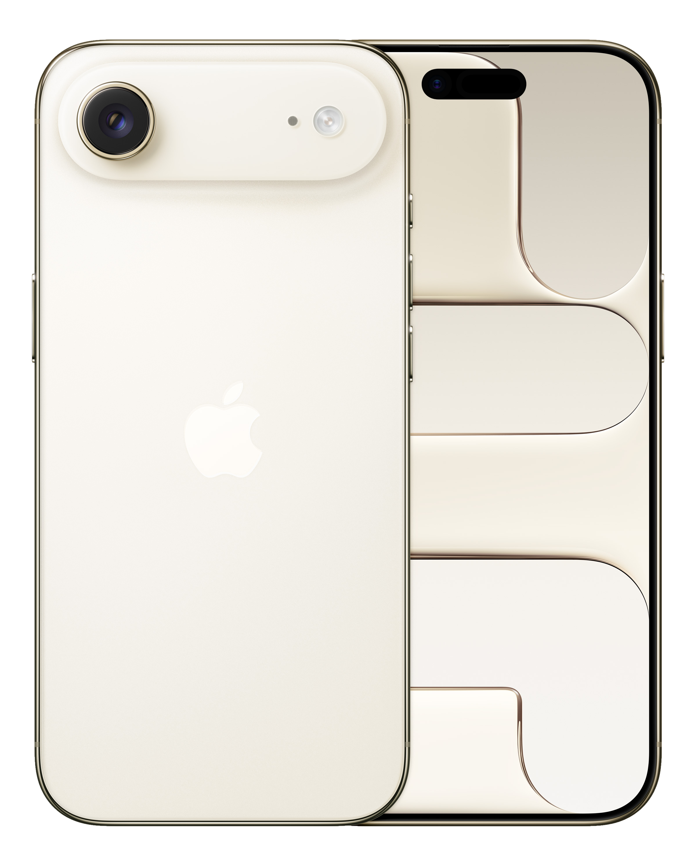 Uno smartphone bianco con finiture dorate. Ha una fotocamera e il logo Apple. Lo schermo è visibile a destra.