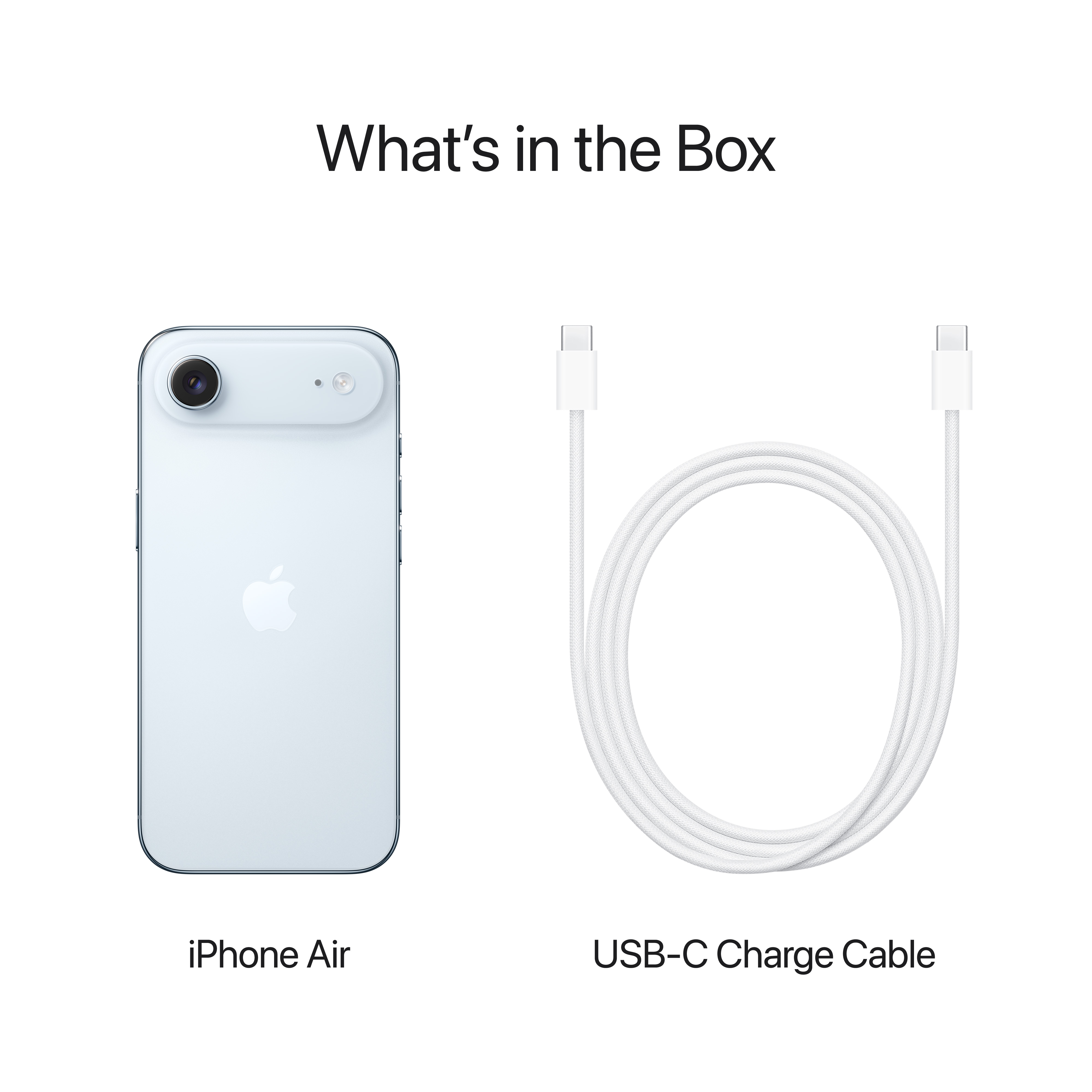 Das Bild zeigt ein iPhone Air und ein USB-C-Ladekabel auf weißem Hintergrund. Der Text lautet 'Was ist in der Box'.