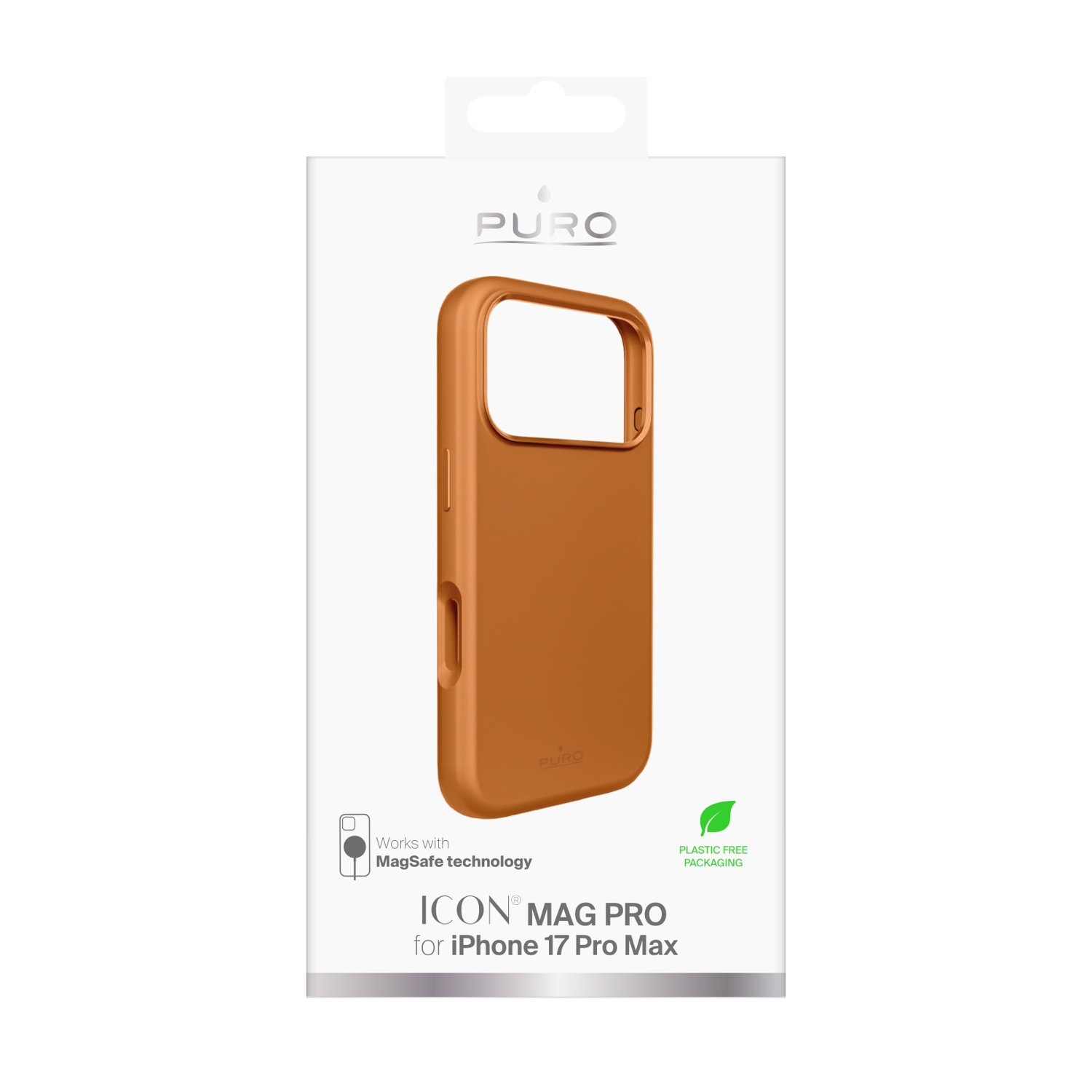 Custodia arancione per telefono in una scatola bianca. La scatola dice PURO, ICON MAG PRO per iPhone 17 Pro Max. Imballaggio senza plastica.