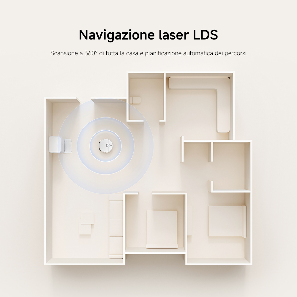 Vista dall'alto di una planimetria con un robot aspirapolvere che emette cerchi. Il testo recita: 'Navigazione laser LDS'.