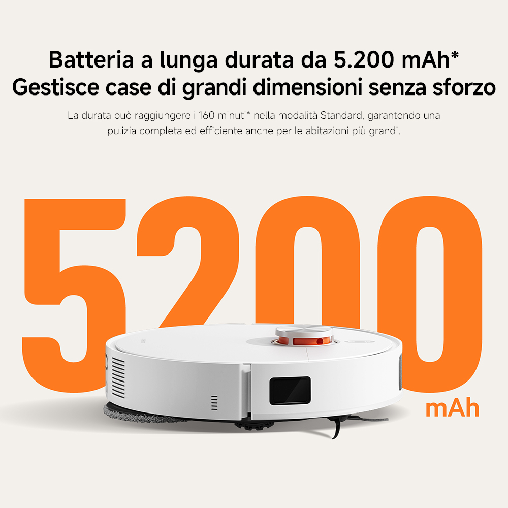Aspirapolvere robot bianco con numeri arancioni '5200' e testo sulla durata della batteria e grandi case.
