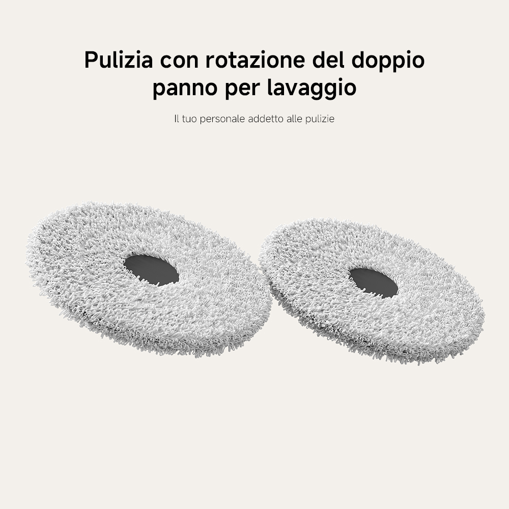 Due panni per la pulizia bianchi con centri grigio scuro. Il testo in alto recita 'Pulizia con panno doppio rotante per il lavaggio'.