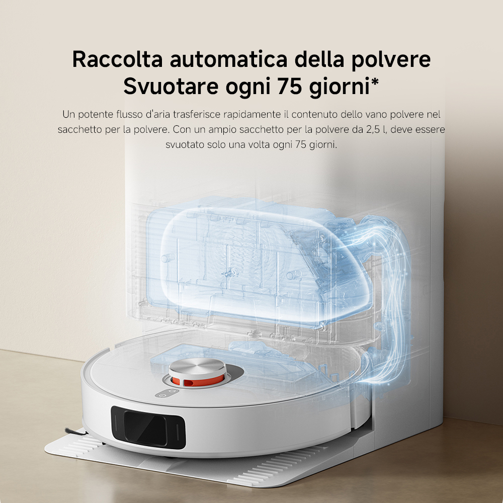 Un aspirapolvere robot bianco con una stazione di ricarica. Ha un sistema di raccolta della polvere trasparente. Il testo indica la raccolta automatica della polvere.