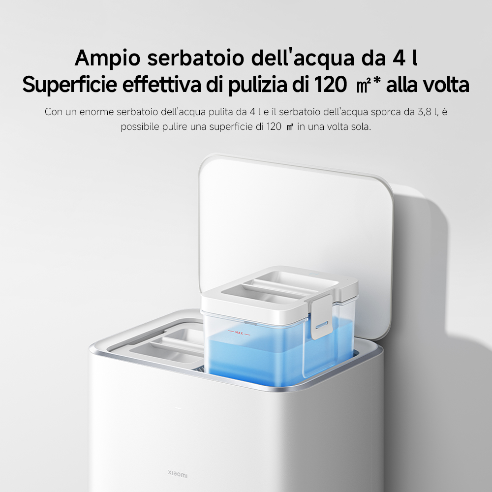 Un dispositivo di pulizia bianco con serbatoio dell'acqua. Il testo evidenzia un serbatoio da 4L e 120m² di area pulita.