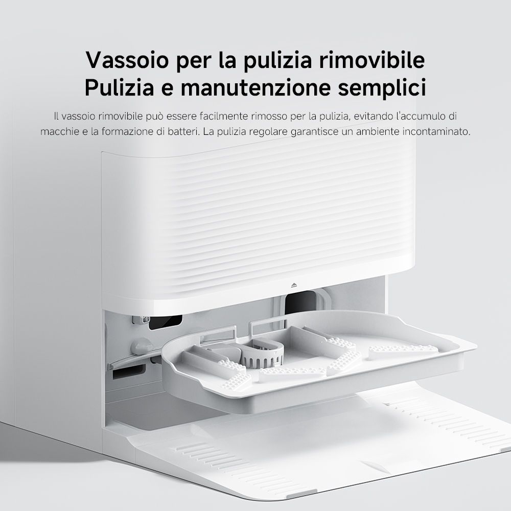 Un dispositivo di pulizia bianco con vassoio rimovibile. Testo in italiano che descrive la facile pulizia e manutenzione del dispositivo.