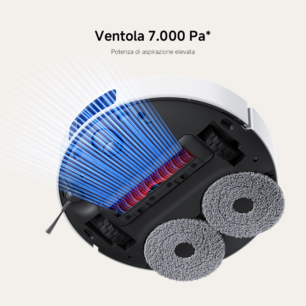 Robot aspirapolvere, bianco e nero. Due panni pulizia grigi. Linee flusso aria blu. Testo: Ventola 7.000 Pa. Potenza di aspirazione elevata.