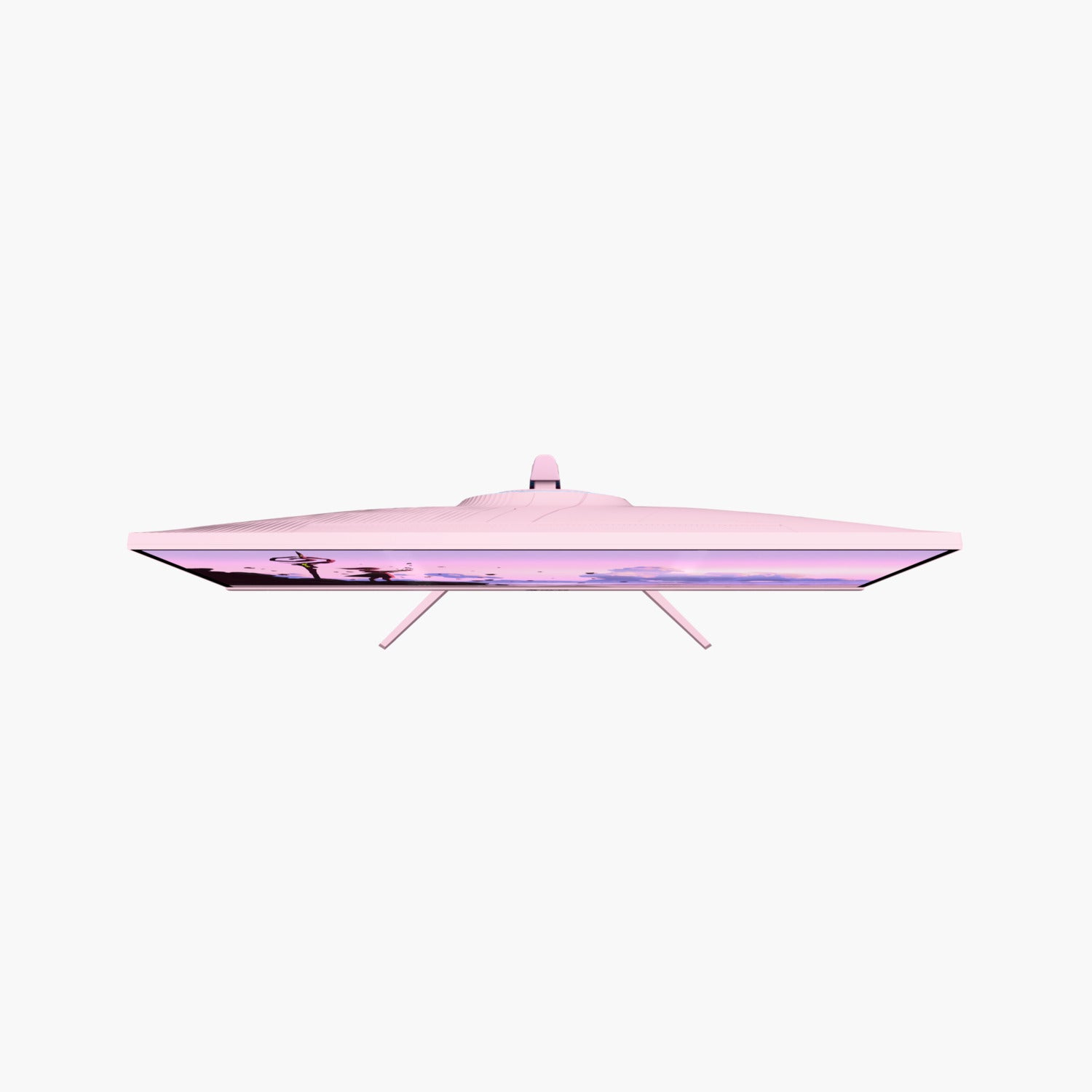Ein rosa Computermonitor, Draufsicht, mit einer Landschaft auf dem Bildschirm. Der Ständer und die Blende sind ebenfalls rosa. Weißer Hintergrund.