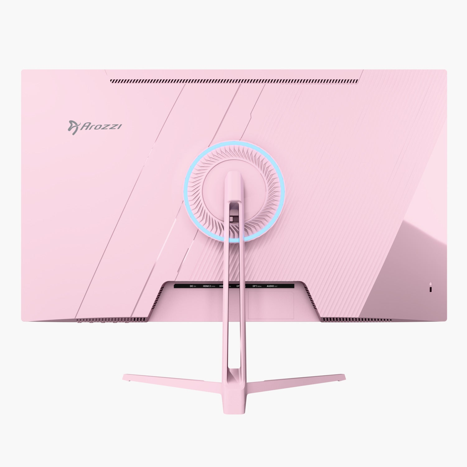 Rückansicht eines rosa Arozzi-Monitors. Mit Standfuß, Anschlüssen und einem kreisförmigen Design mit blauem Licht.