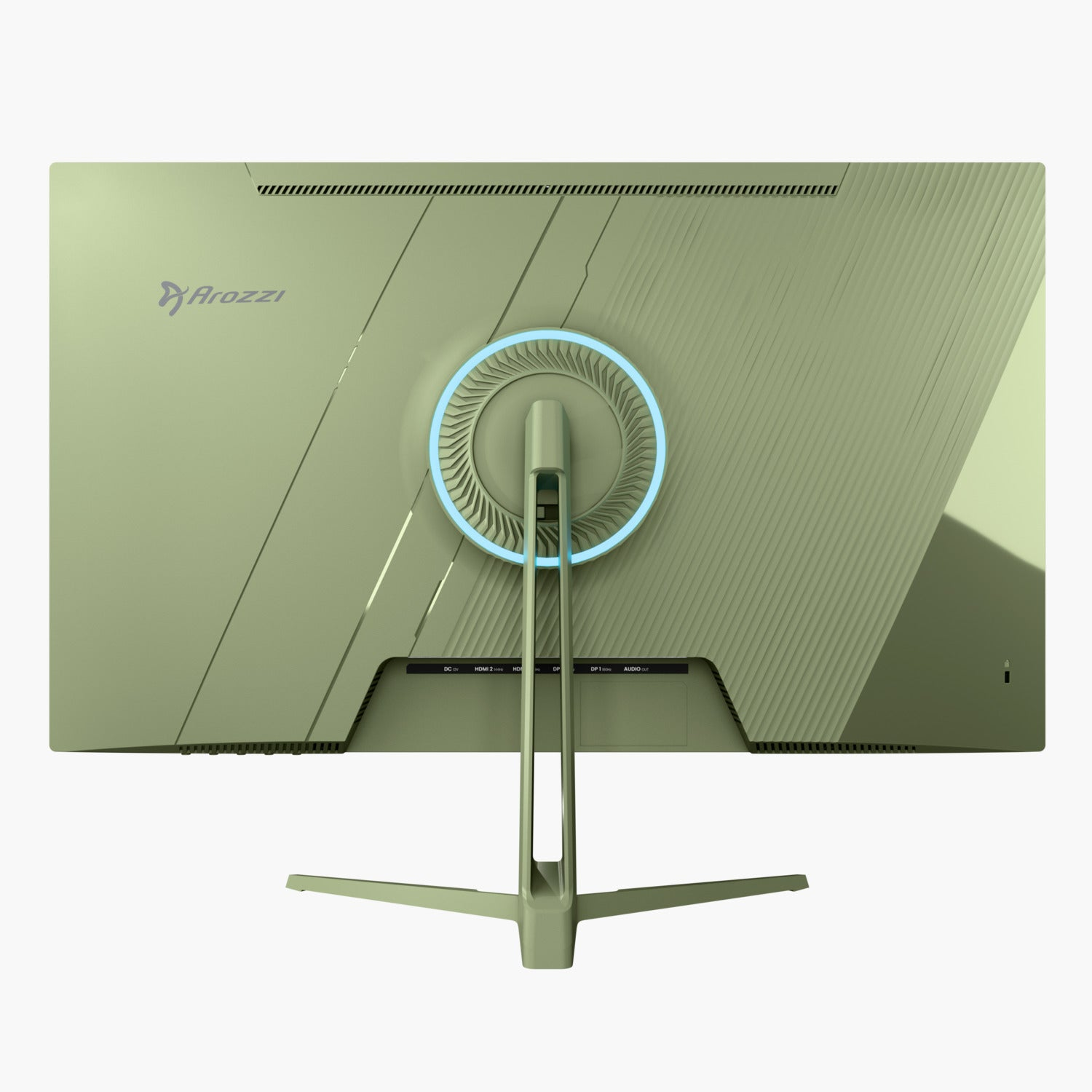 Rückseite eines grünen Arozz-Monitors. Er hat ein kreisförmiges, blau beleuchtetes Designelement, Anschlüsse und einen Ständer. Das Logo ist sichtbar.