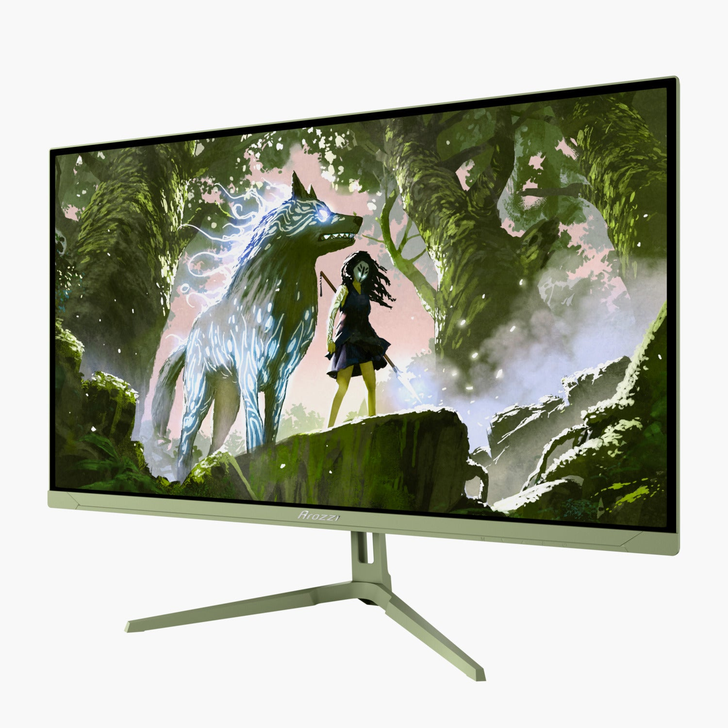 Ein Monitor zeigt eine Fantasieszene. Ein Wolf aus Licht steht vor einer Frau mit Schwert in einer Waldszene.