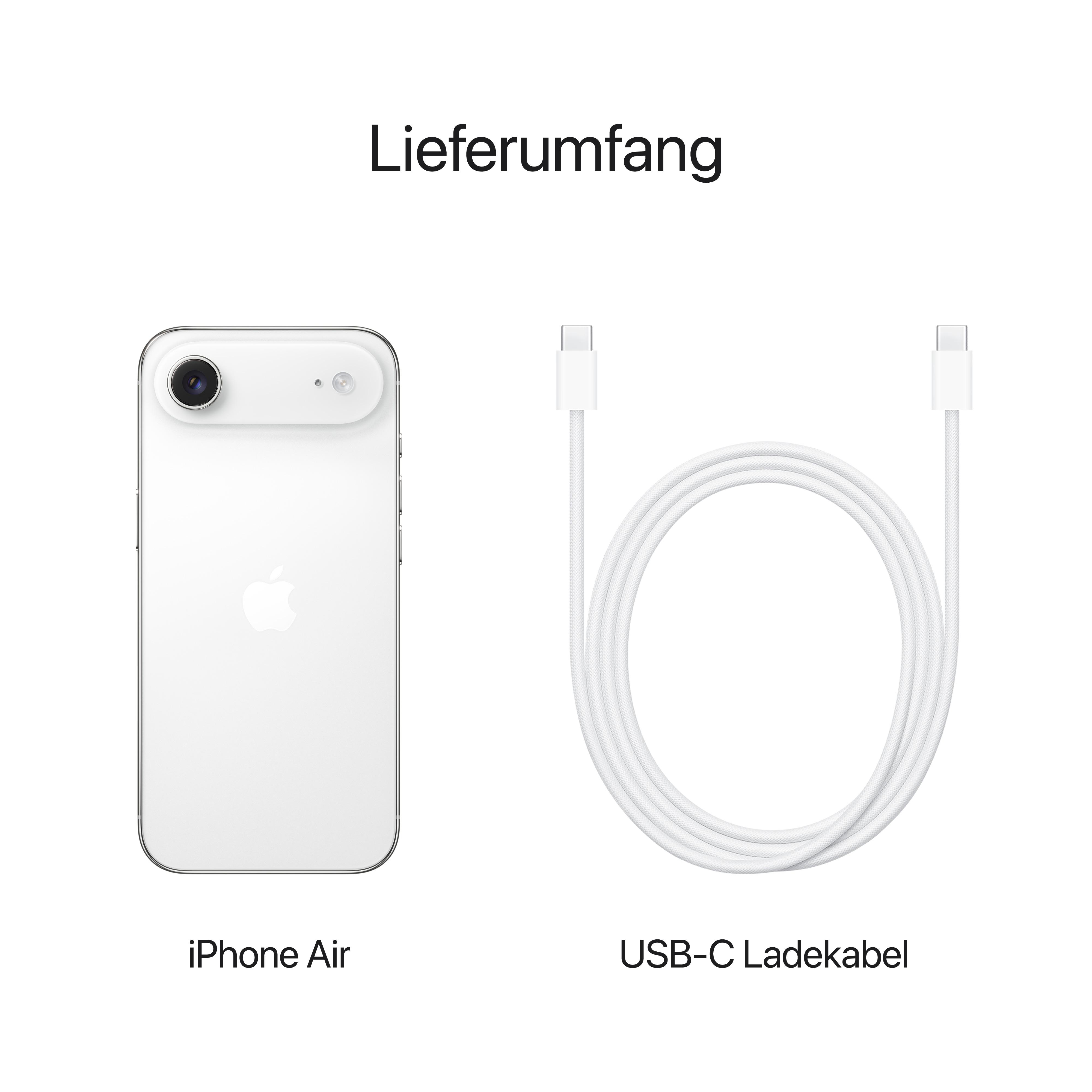 Ein weißes iPhone Air und ein USB-C-Ladekabel auf weißem Hintergrund. Das Telefon ist links, das Kabel rechts.