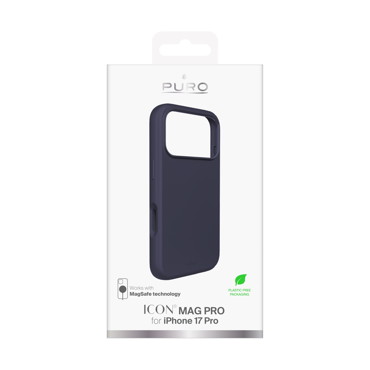 Una custodia blu navy per iPhone 17 Pro, etichettata ICON MAG PRO, viene mostrata su una confezione bianca. La confezione menziona la tecnologia MagSafe.