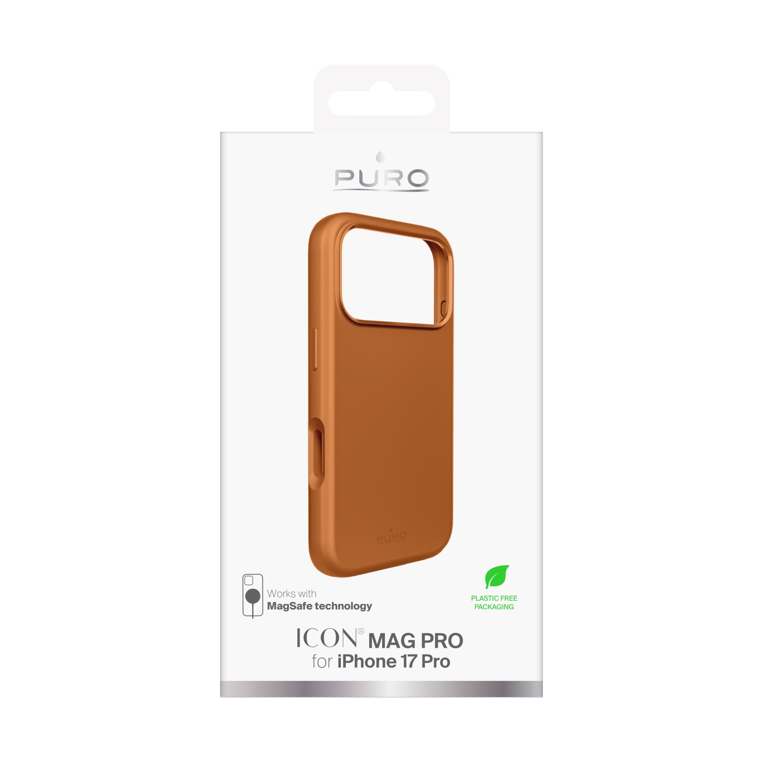 Una custodia per telefono in una scatola. La custodia è arancione e sulla scatola c'è scritto 'PURO ICON MAG PRO per iPhone 17 Pro'. Imballaggio senza plastica.