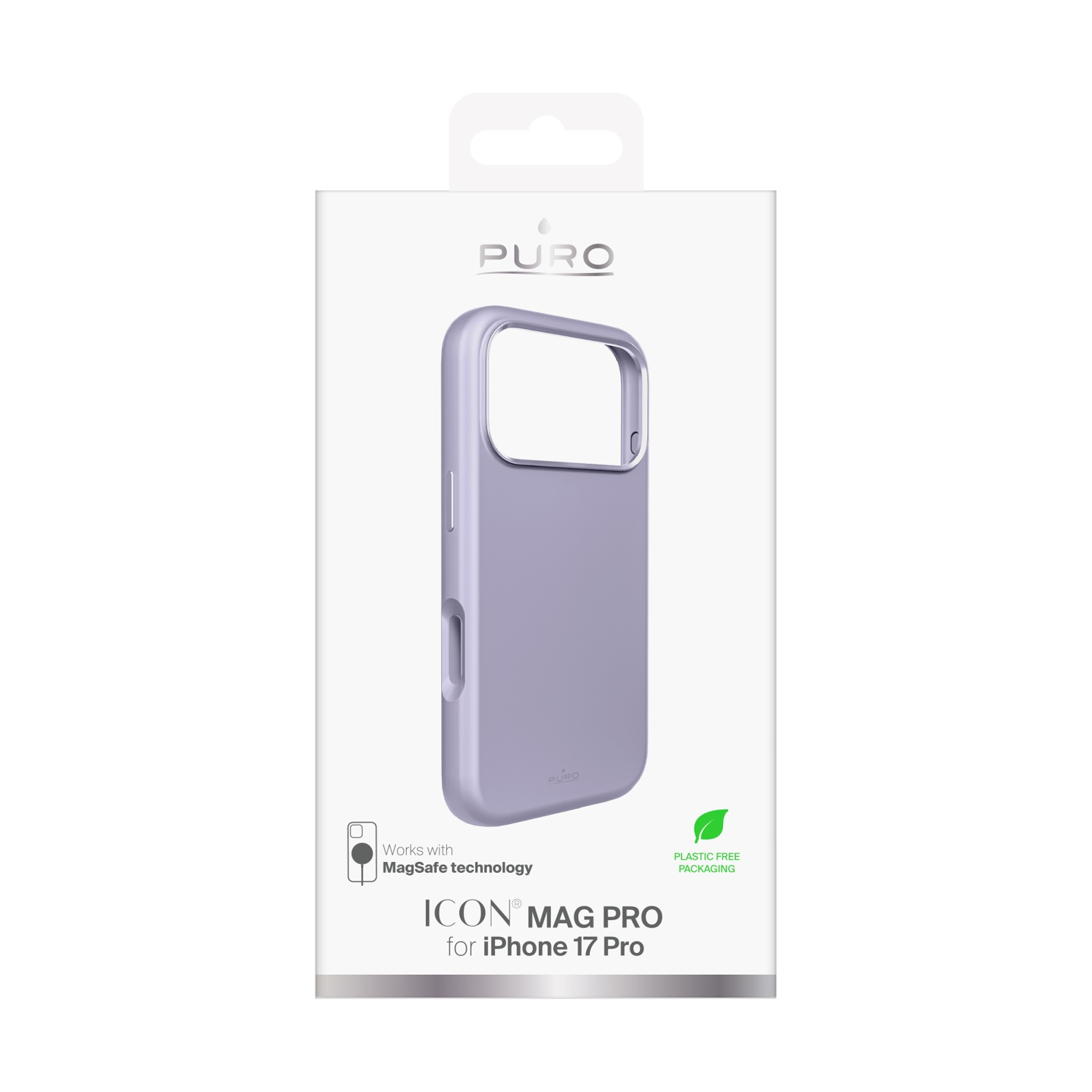 Una custodia viola per iPhone 17 Pro è esposta nella sua confezione. La confezione è bianca con il nome e il logo del marchio.
