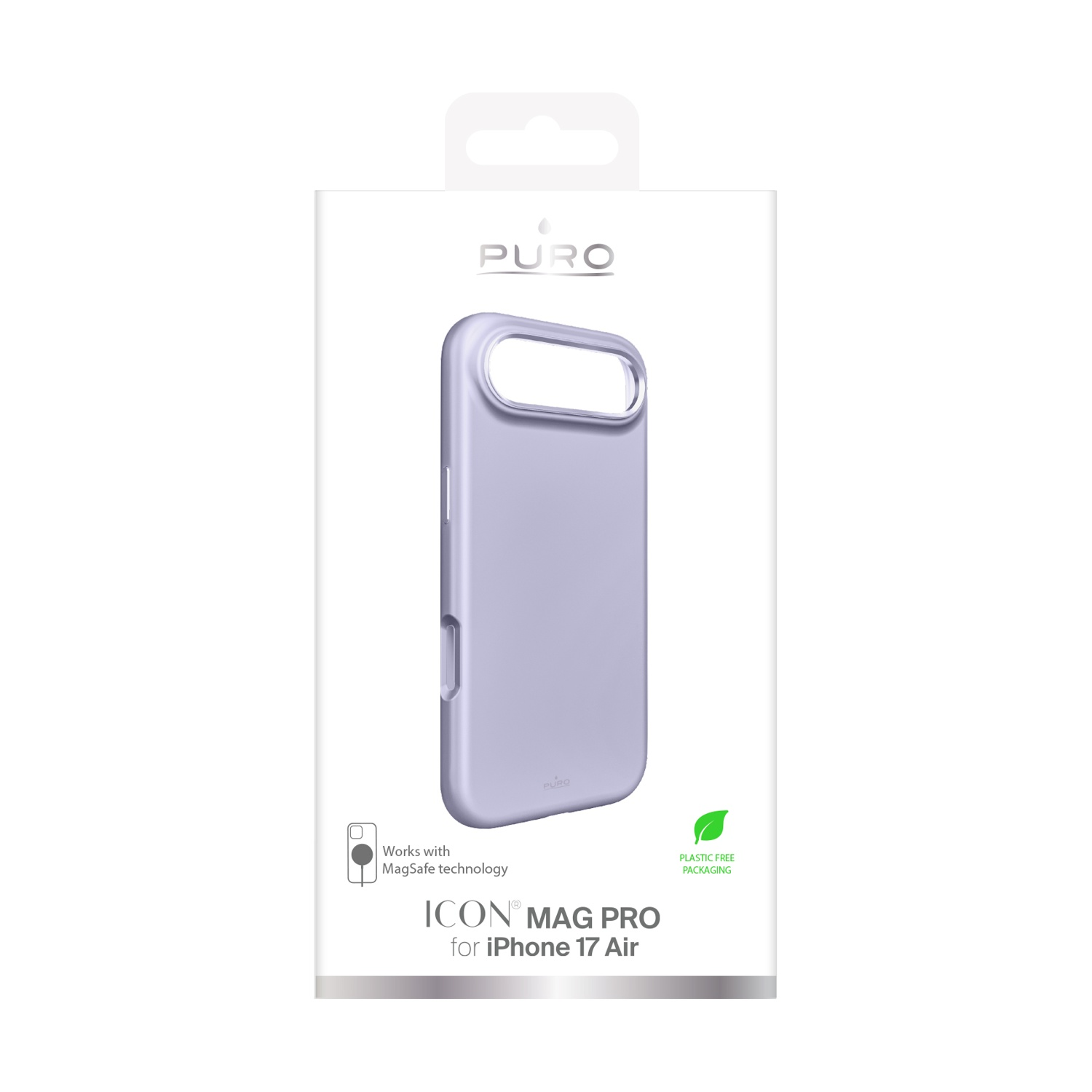 Una custodia lilla per iPhone 17 Air, di Puro, in confezione senza plastica. È compatibile con MagSafe, con un ritaglio per la fotocamera.