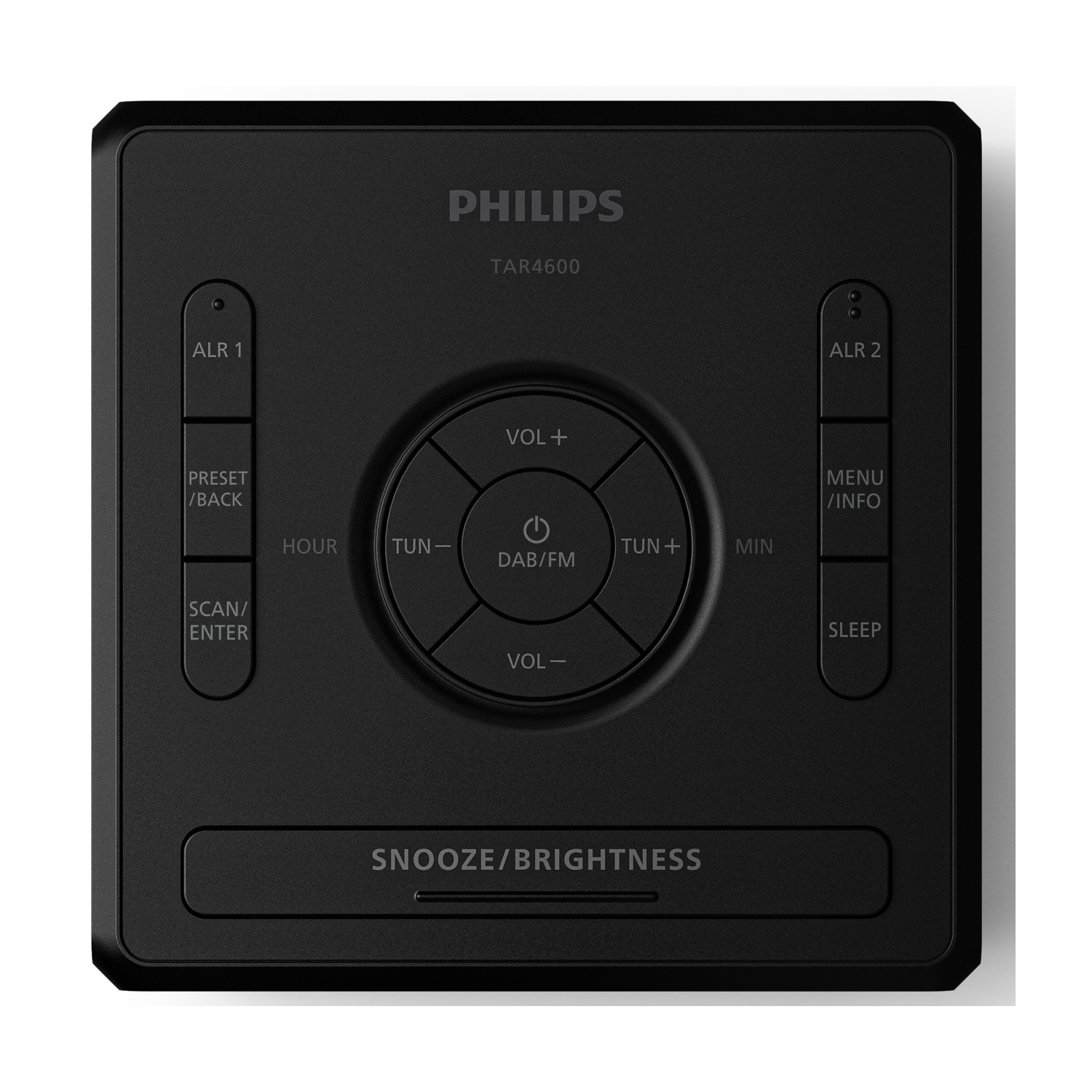 Radio Philips nera con pulsanti per sveglia, preimpostazione, menu, sintonizzazione e volume. Il modello è TAR4600. Il pulsante snooze è visibile.