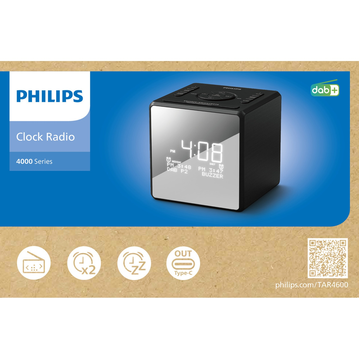 Una radiosveglia Philips nera mostra le 16:08. Ha un fronte a specchio e pulsanti di controllo superiori.