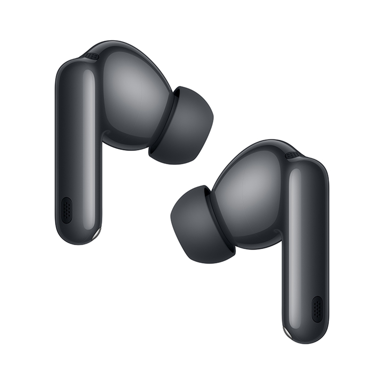 Due auricolari wireless grigio scuro su sfondo bianco. Ogni auricolare presenta un corpo arrotondato e un'asta. I gommini sono visibili.