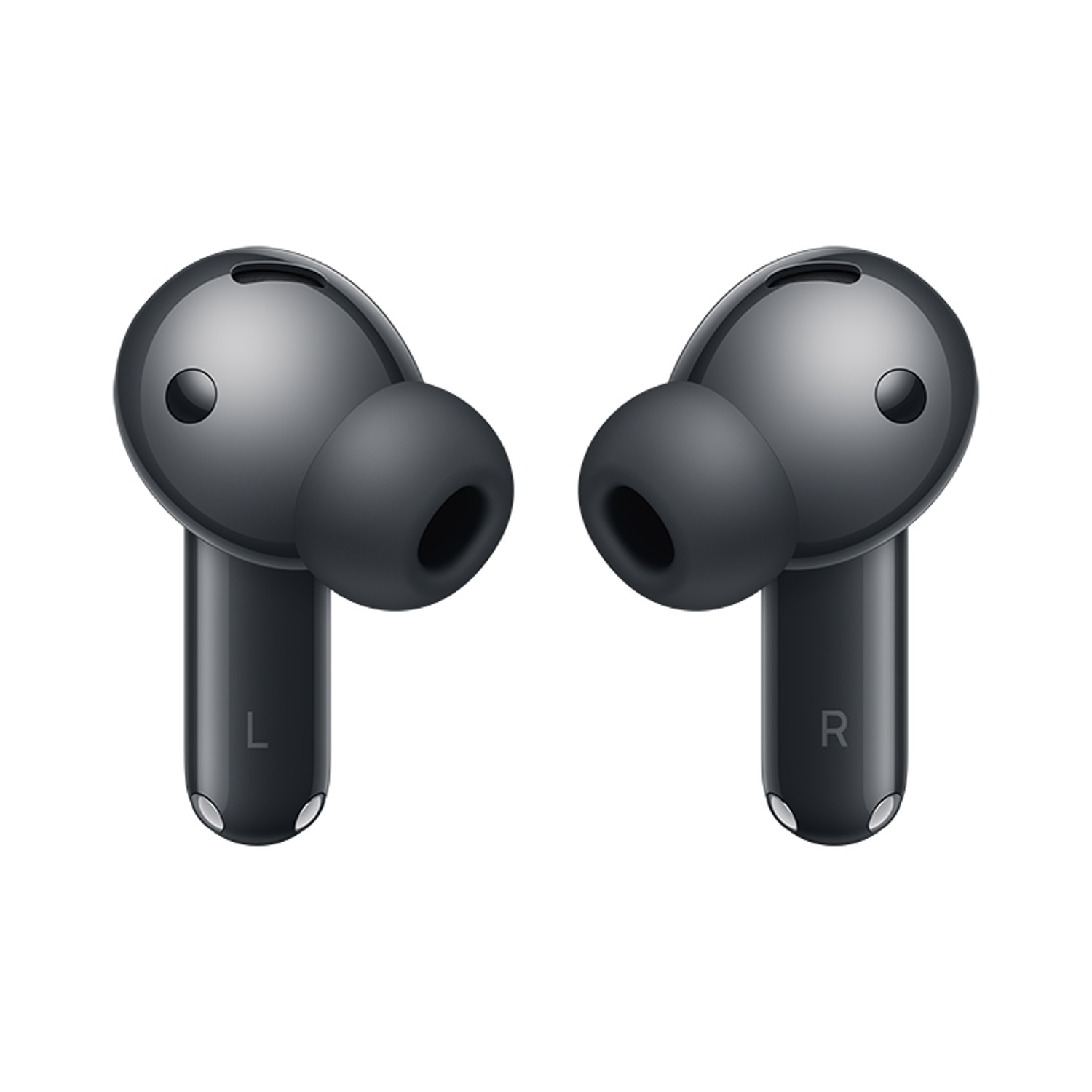 Due auricolari wireless grigio scuro, uno con la scritta 'L' e l'altro 'R', su sfondo bianco. Hanno punte in silicone.