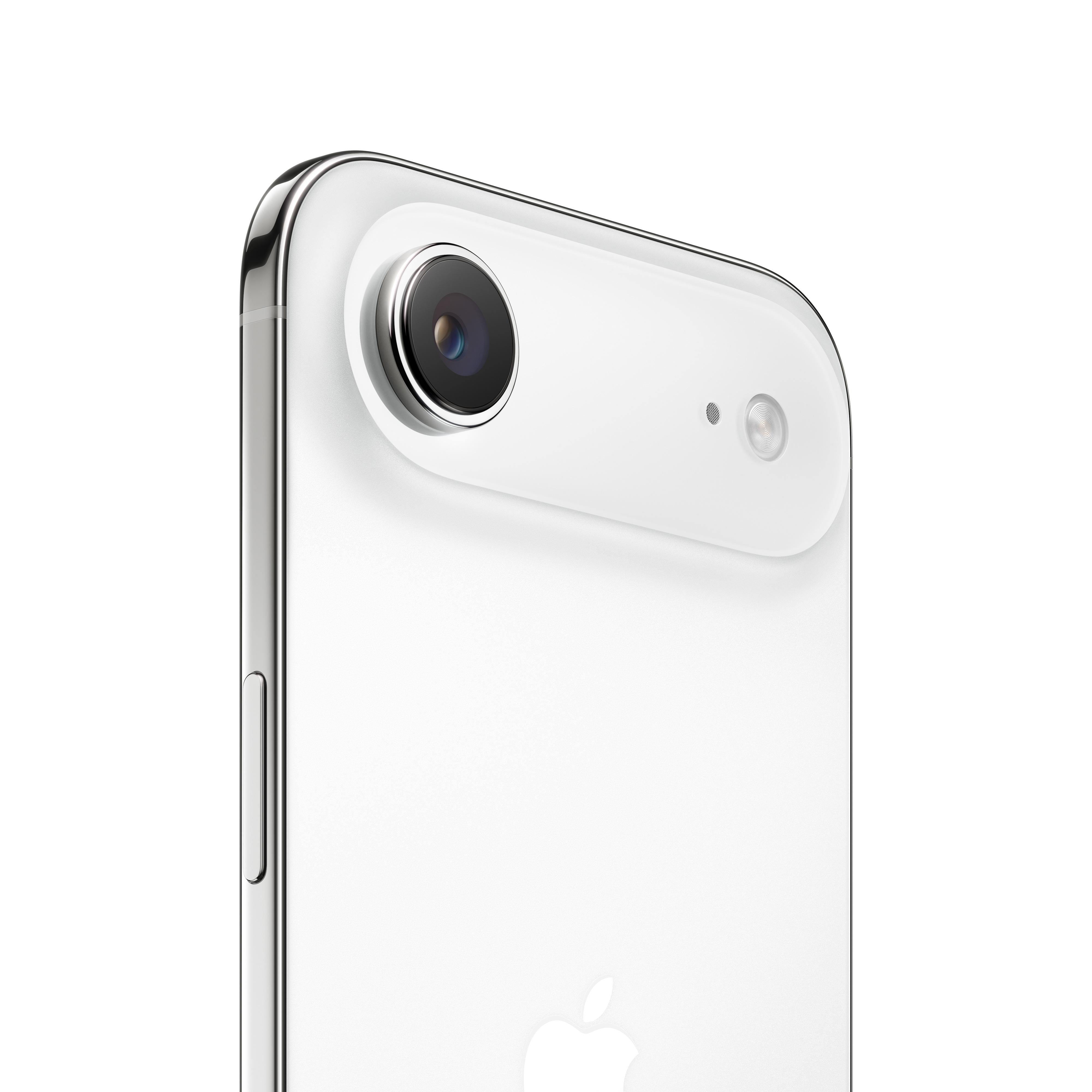 Nahaufnahme eines weißen Smartphones mit Kamera. Das Telefon hat einen Metallrahmen und eine weiße Rückseite. Die Kameralinse ist schwarz.