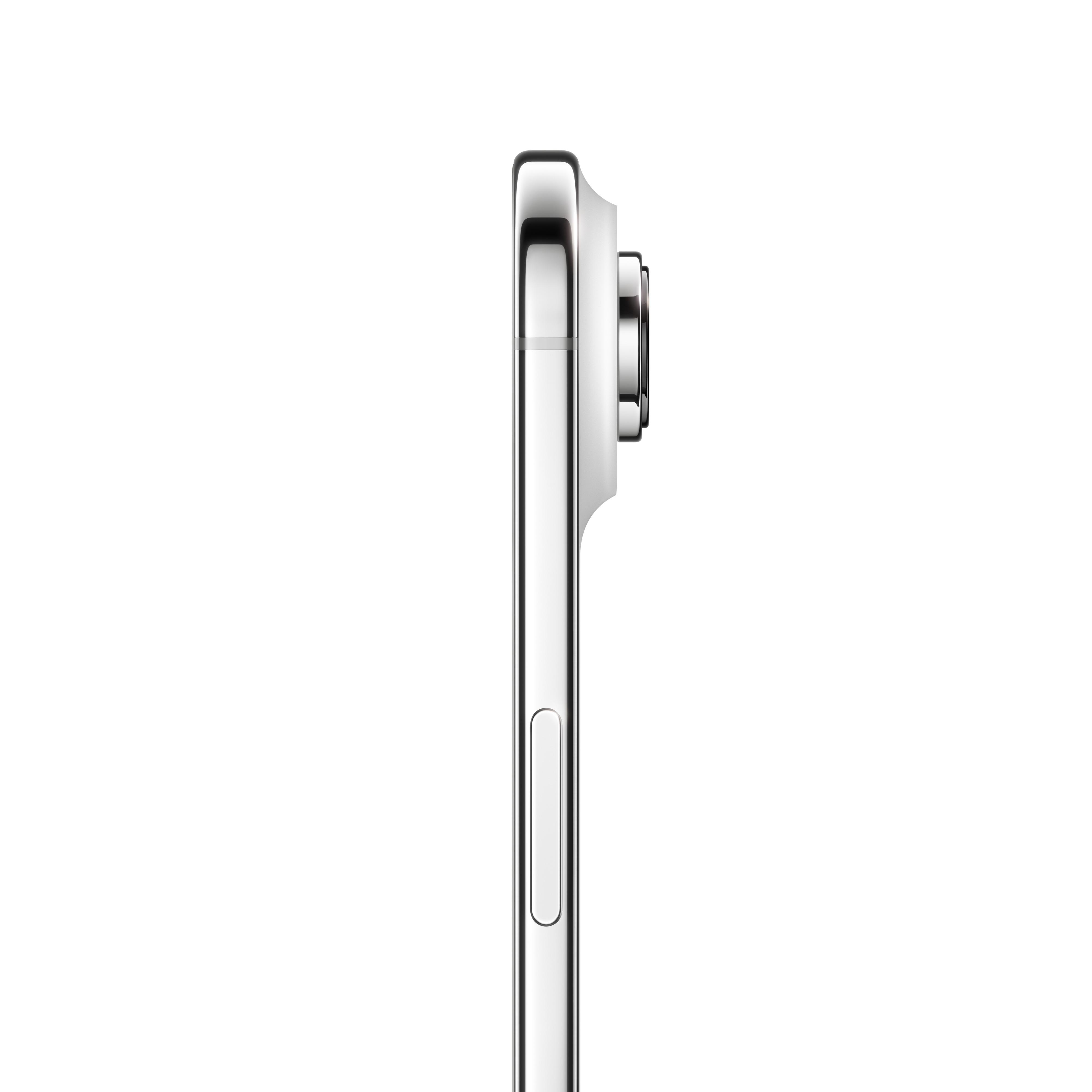 Seitenansicht eines silbernen Smartphones. Die Kameralinse ist sichtbar. Der Hintergrund ist weiß.