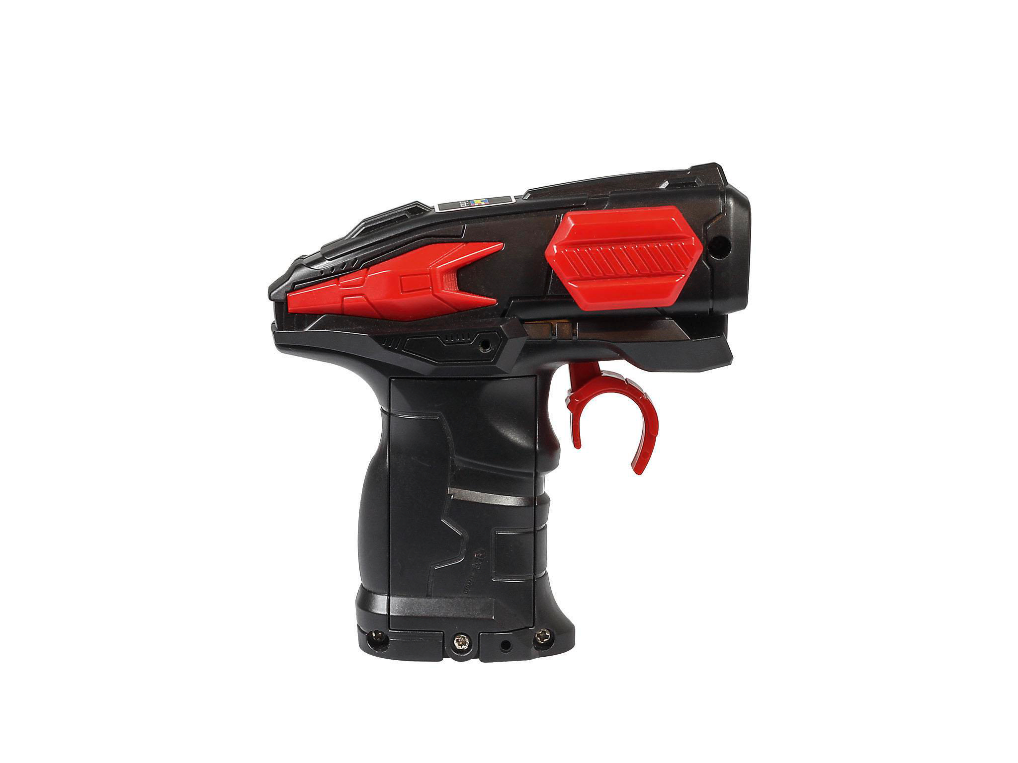 Eine schwarze und rote Spielzeugpistole vor weißem Hintergrund. Sie hat einen Griff, einen Abzug und verschiedene Dekorationselemente.