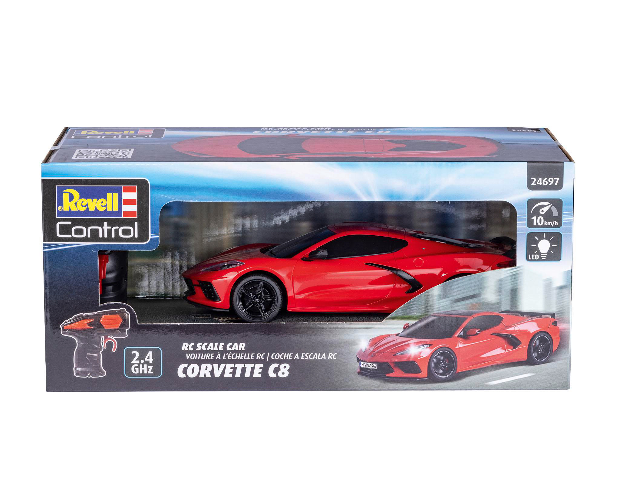 Schachtel mit rotem Corvette C8 RC-Auto. Enthält Revell Control Logo, Geschwindigkeitsanzeige und RC-Auto-Details.