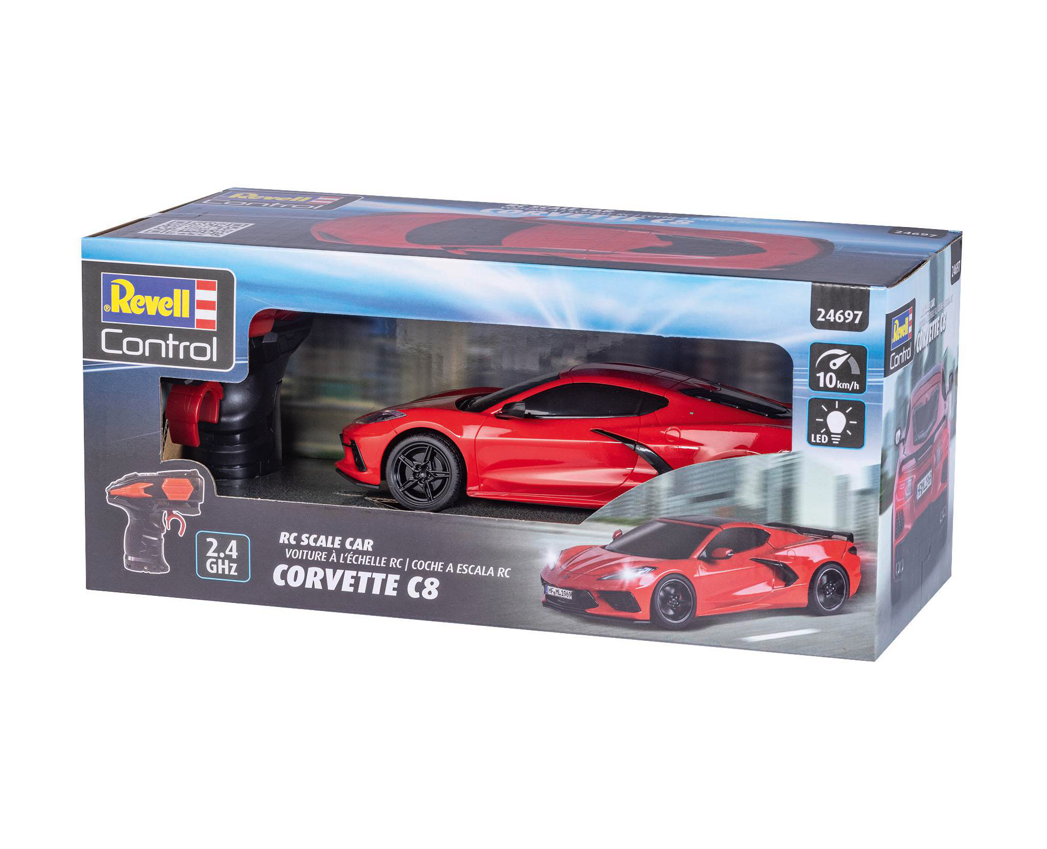 Ein rotes Revell Corvette C8 RC-Auto in einer Box. Die Box zeigt das Auto und die Fernbedienung. Text enthält '2,4 GHz' und '10 km/h'.