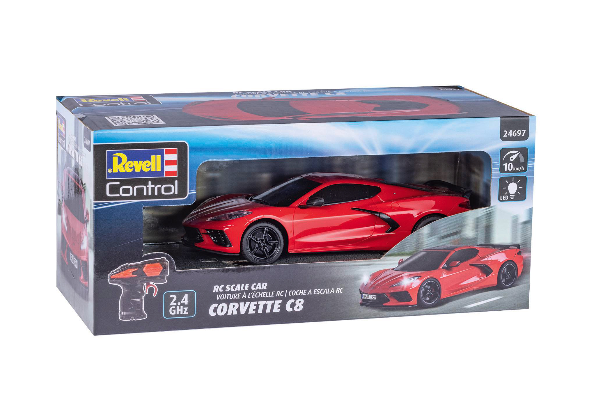 Eine Revell Control-Box mit einem roten Corvette C8-Modellauto. Die Box zeigt das Auto und die Fernbedienung. Die Geschwindigkeit des Autos beträgt 10 km/h.