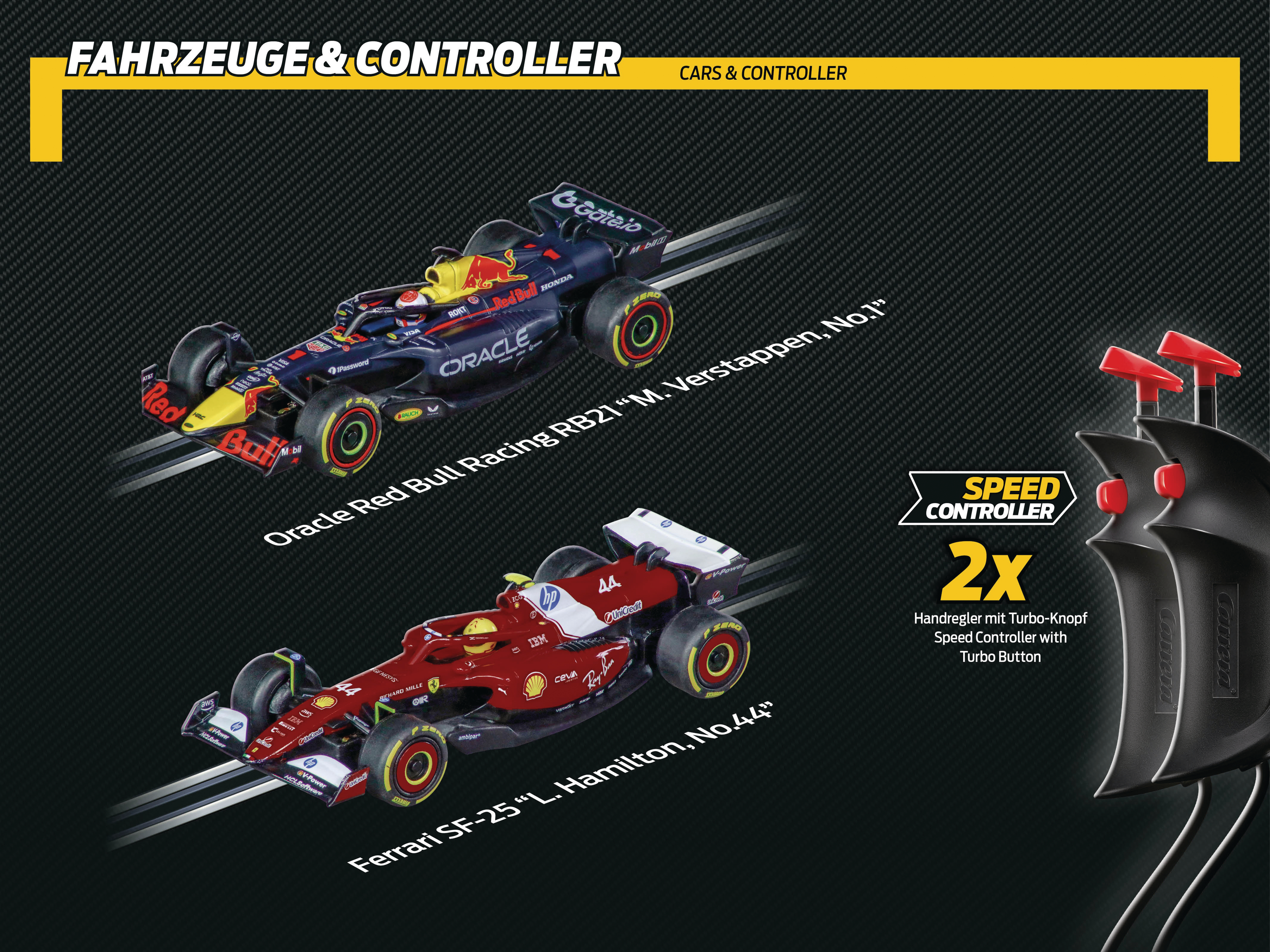 Das Bild zeigt zwei Spielzeug-Rennwagen, Red Bull und Ferrari, und einen Controller mit zwei Turbo-Tasten, auf dunklem Hintergrund.