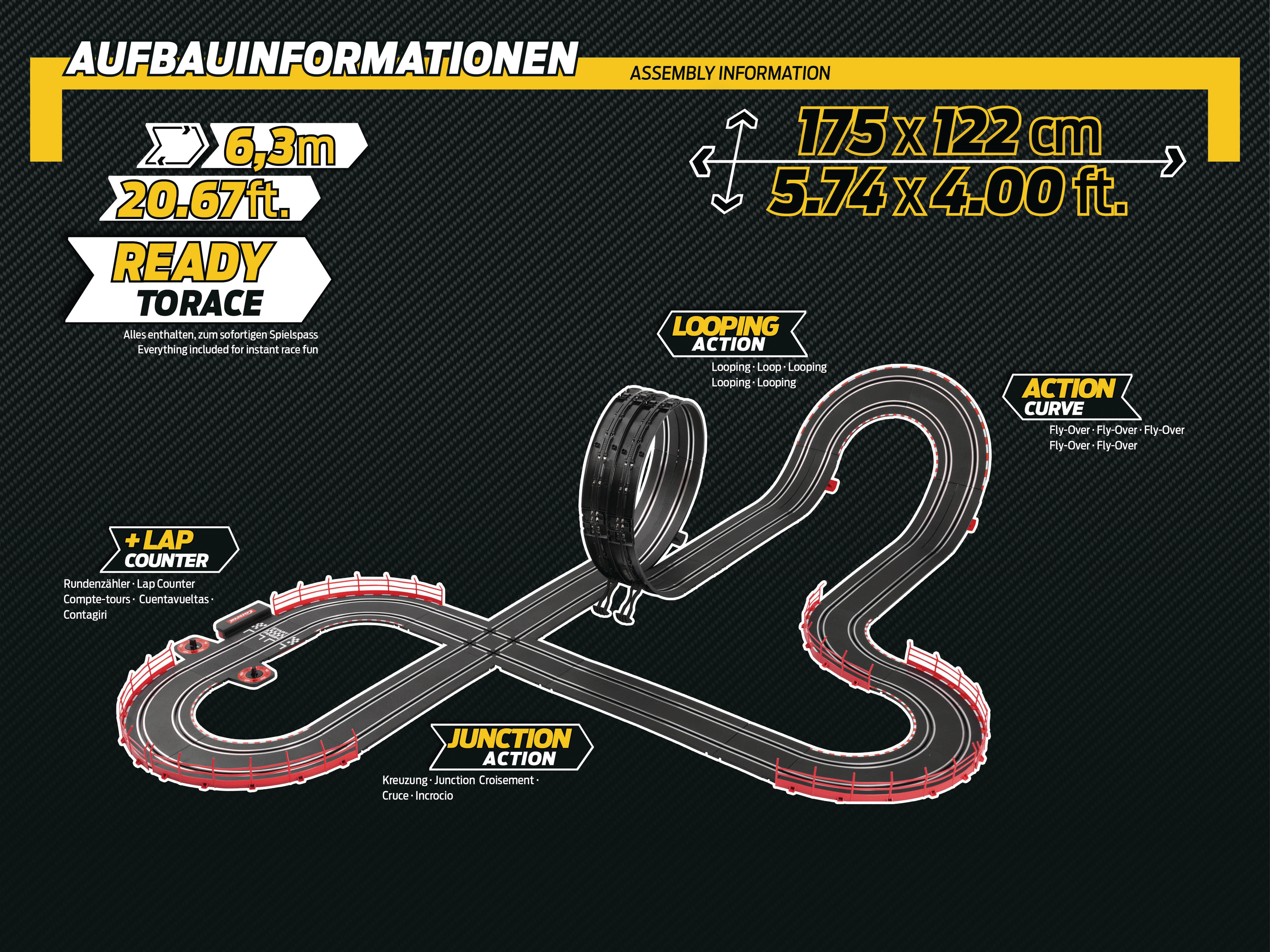 Schwarze Rennstrecke mit Loop, Kurven und Rundenzähler. Text enthält Abmessungen und 'Ready to Race'.