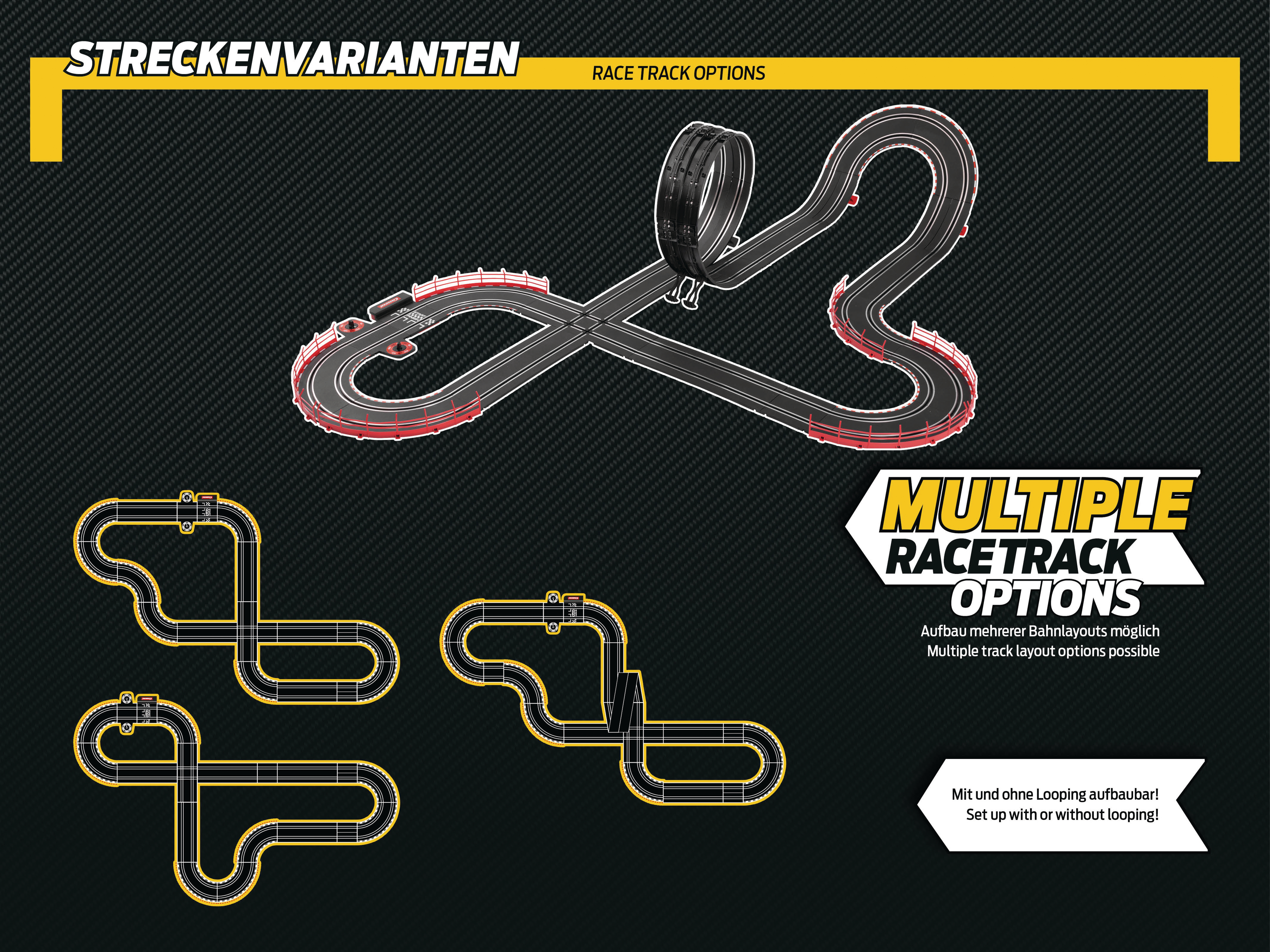 Rennstreckenlayout mit Looping und mehreren Streckenoptionen. Text: Mehrere Rennstreckenoptionen.