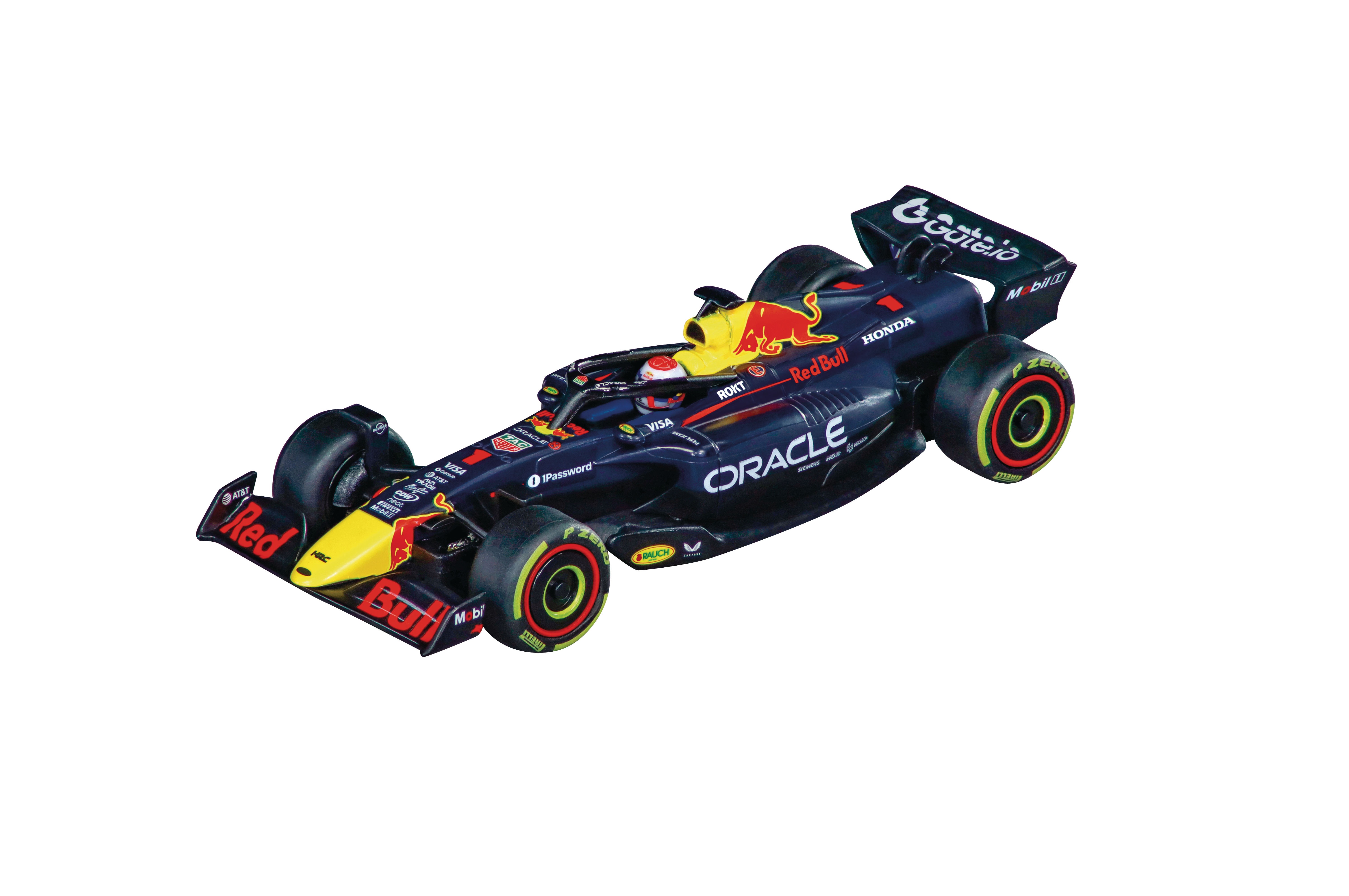 Ein Modell eines Red Bull Formel-1-Autos. Es ist dunkelblau, rot und gelb. Das Auto steht auf weißem Grund.